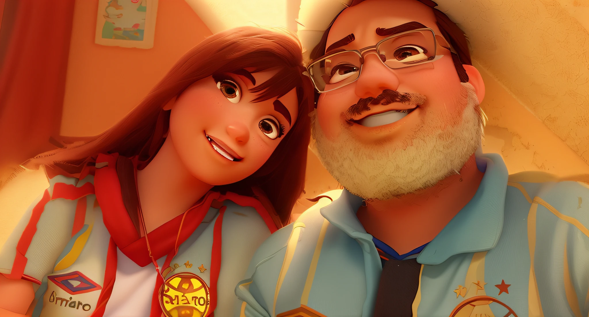 Pai e filha no estilo disney pixar. Manter as caracteristicas na imagem.