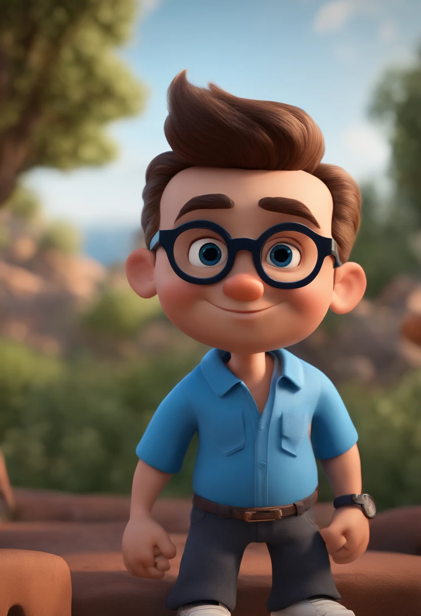 Cartoon character of a man with black glasses and a blue shirt, animation character, Caractere estilizado, animation style rendering, 3D estilizado, Arnold Maya render, 3 d render stylized, toon render keyshot, Personagem 3D, Personagem 3D, 3d rendering stylized, 3 d character render, personagem de desenho animado, Personagem de close up, Pose de personagem,  (Estilo Pixar) (master part:1.2) (Bokeh) (best quality) (pele detalhada) (textura detalhada) (8k) (argila) (Cinematic lighting) (foco nítido