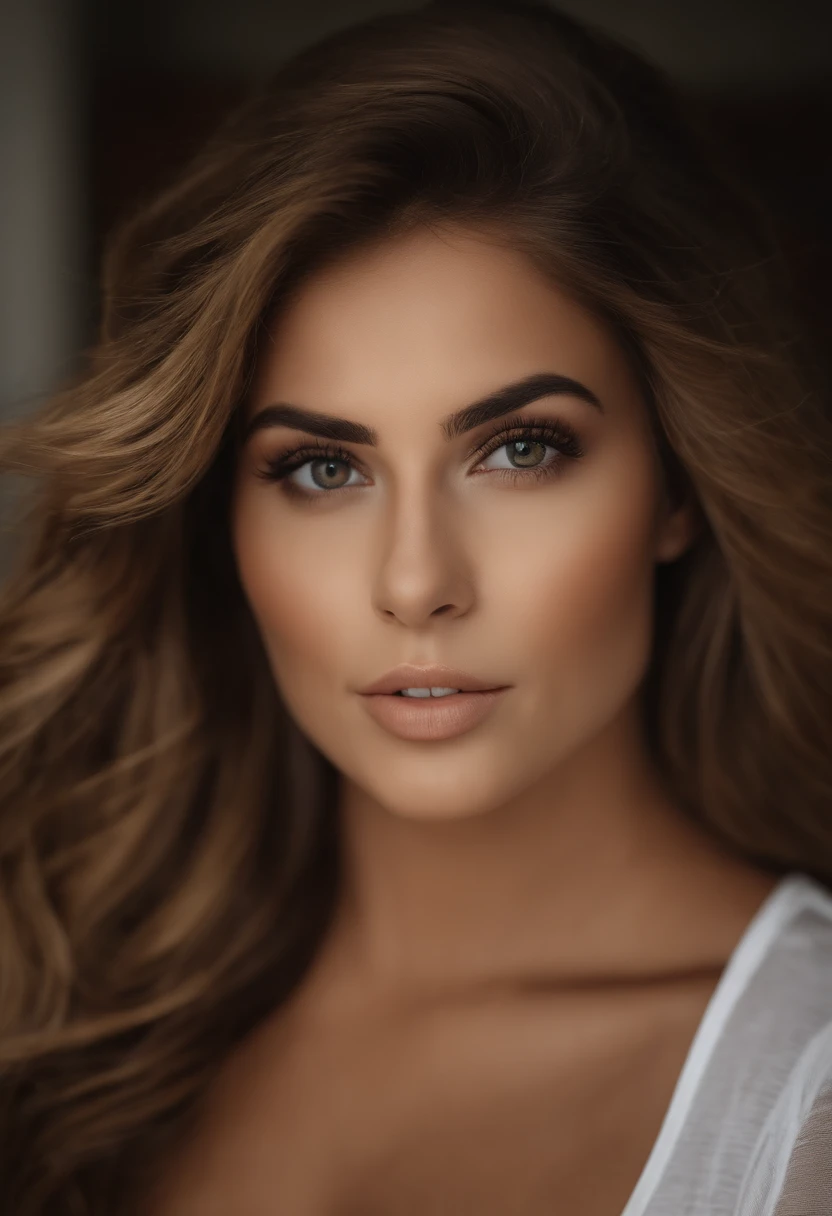 retrato da menina, Menina sexy com olhos castanhos, Portrait decoration on your head, Retrato de Crystal Boyd, cabelos loiros e olhos grandes, selfie de uma jovem mulher, Maquiagem sem maquiagem, maquiagem natural, Look directly at the camera, Rosto com ArtGram, Maquiagem fina, Excelente fotografia de corpo inteiro, no quarto, seios grandes, louro, Latim, mamas expostas, Camisa sem camisa, Loira de 24 anos, Fotografia de retrato HD, natural, sem sombras no rosto, circunstanciado (textura, Hair, brilhar, Cor), circunstanciado, olhos brilhantes
