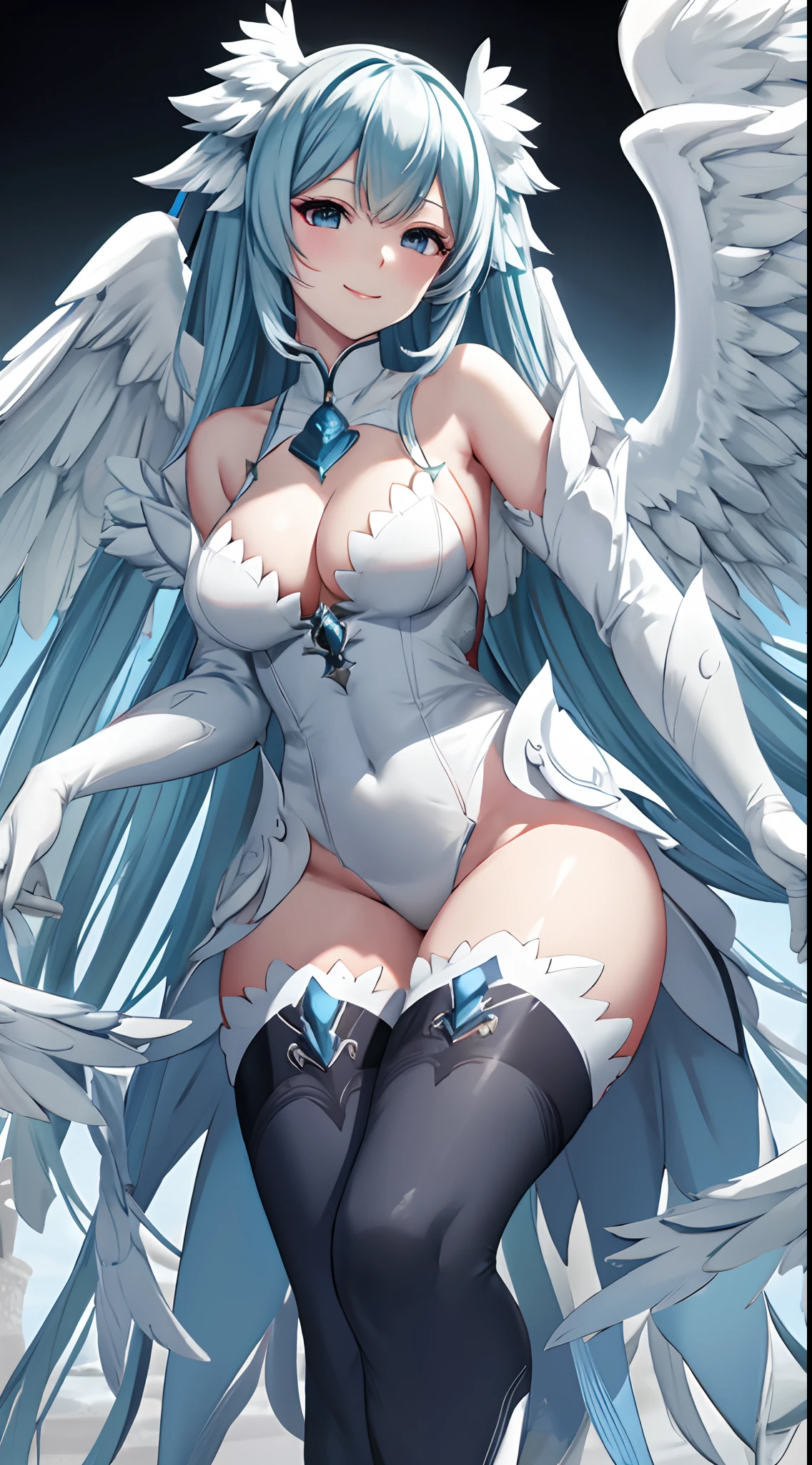 ((masutepiece, Best Quality)),Photography, Detailed skin, Realistic, Photorealsitic, 8K, Highly detailed, full length frame, High Detail RAW Color Art, diffused soft lighting, Shallow depth of field,
White and Blue Edge Garuda_Dress, Crimson Bird_Woman with spread wings ,Black eyes、adorable smiling、Light blue long hair、Twin-tailed、Wearing a white and blue Edge Garuda_Dress