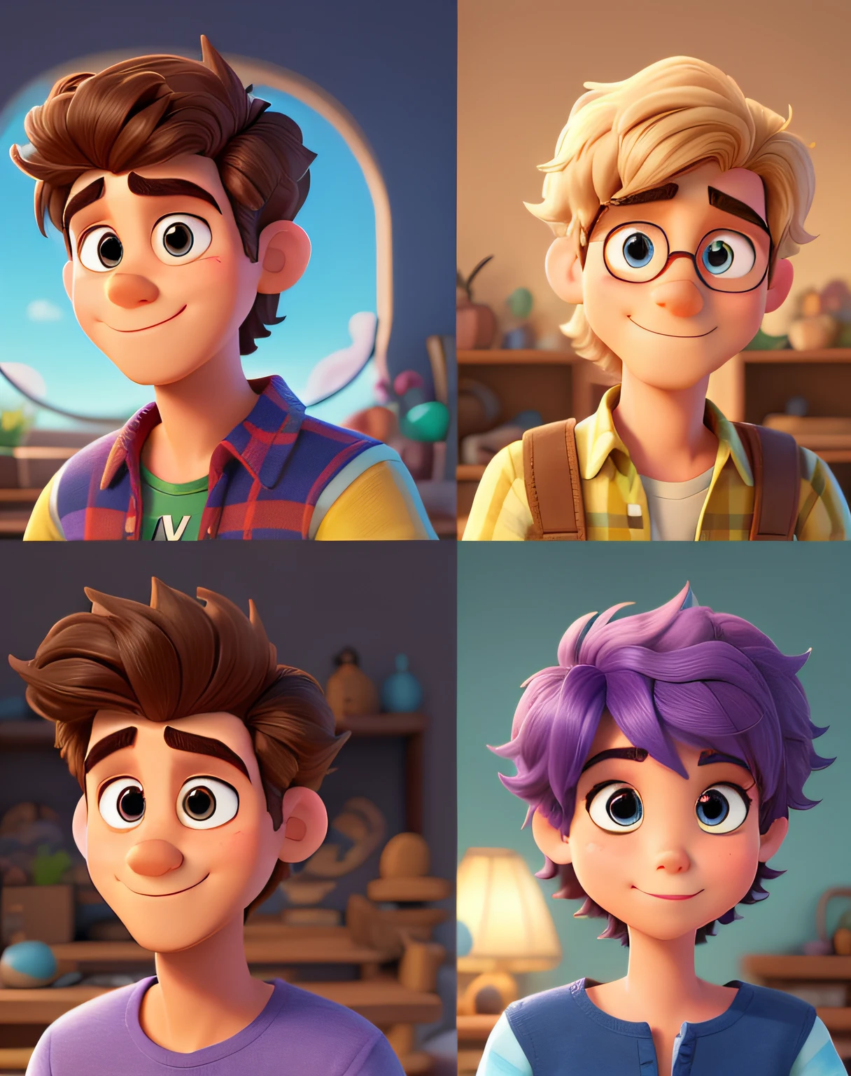 um desenho inspirado na disney pixar com todos os detalhes e cores vibrantes. The character is a man, magro, com 22 anos, cabelo preto e baixo penteado pro lado esquerdo com olhos escuro e novamente, magro