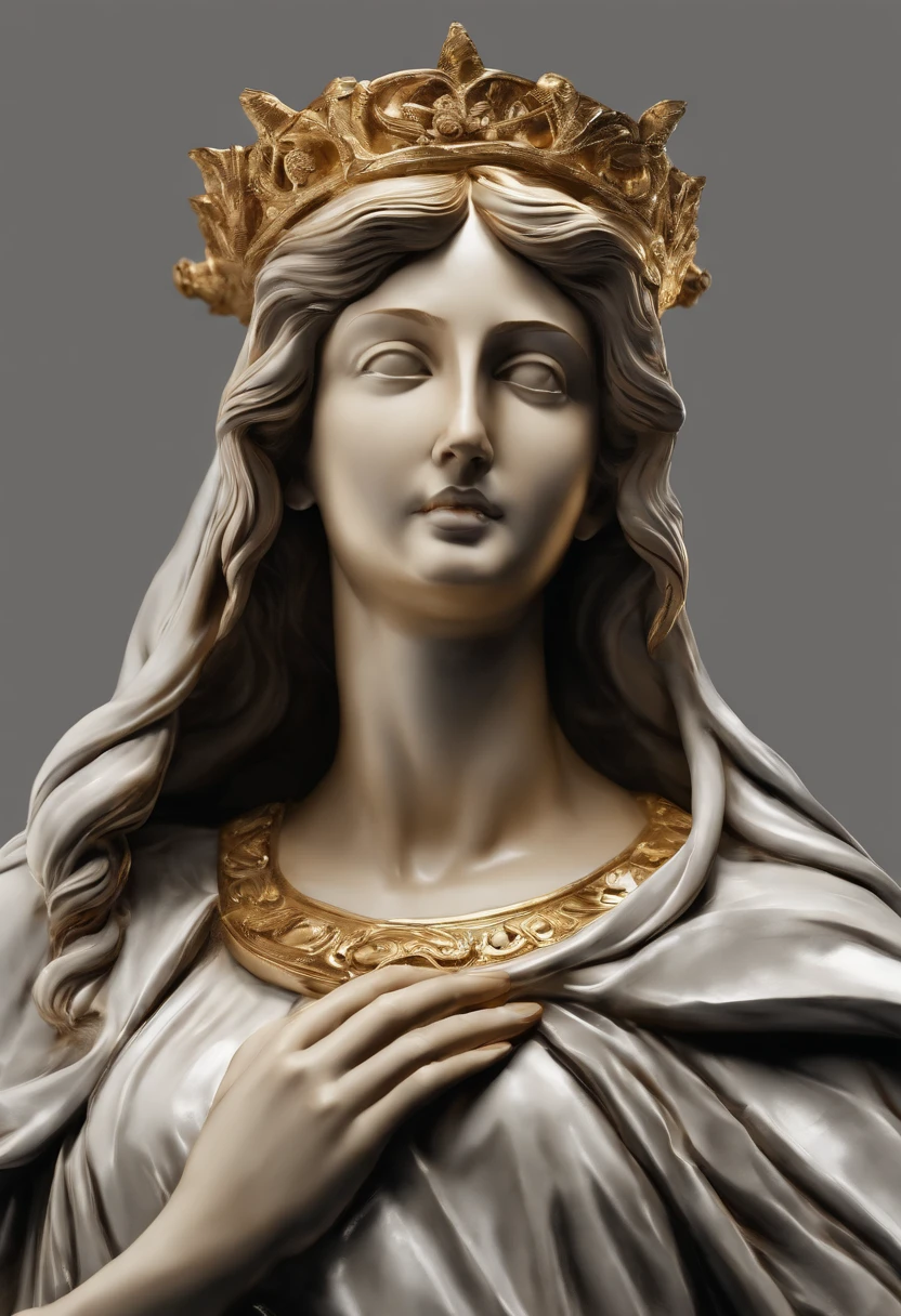 Stock stoic Girl，Sculpture of the Virgin Mary，This is the historical position of Greece，Smiling， 8k movie profile with Hercules style and dark background，Gold texture