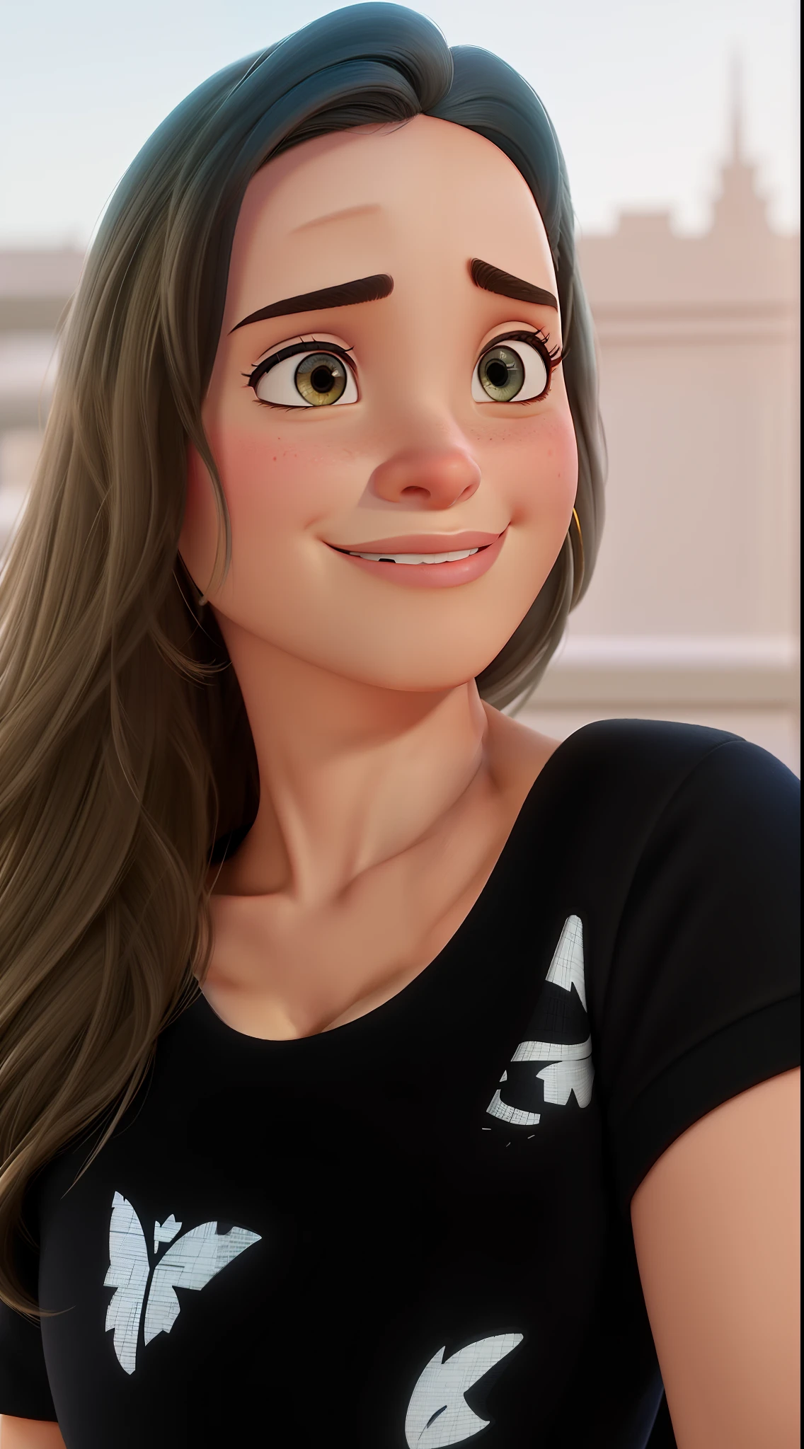 Uma mulher, estilo disney pixar, alta qualidade, melhor qualidade, ao fundo a cidade de nova York