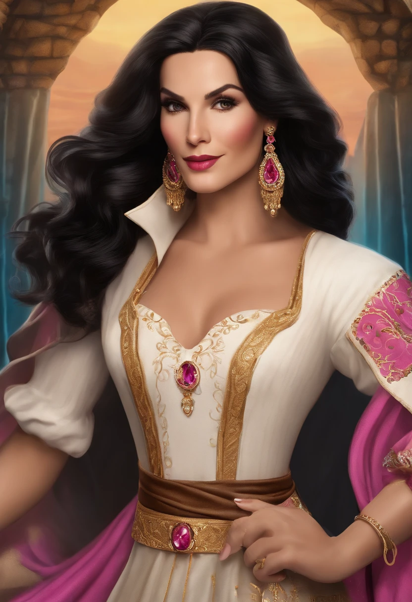 create an animated character in The Magical Family Madrigal style, 40 year old woman, white with long black hair, Brown eyes, full mouth with pink lipstick, small nose, spots on the left side of the face near the nose, slim, high, beige pants, white t-shirt with peanuts and charlie Brown print pink lipstick, colombian animation poster background