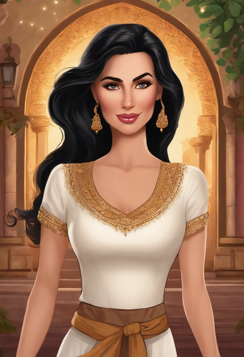 create an animated character in The Magical Family Madrigal style, 40 year old woman, white with long black hair, Brown eyes, full mouth with pink lipstick, small nose, spots on the left side of the face near the nose, slim, high, beige pants, white t-shirt with peanuts and charlie Brown print pink lipstick, colombian animation poster background