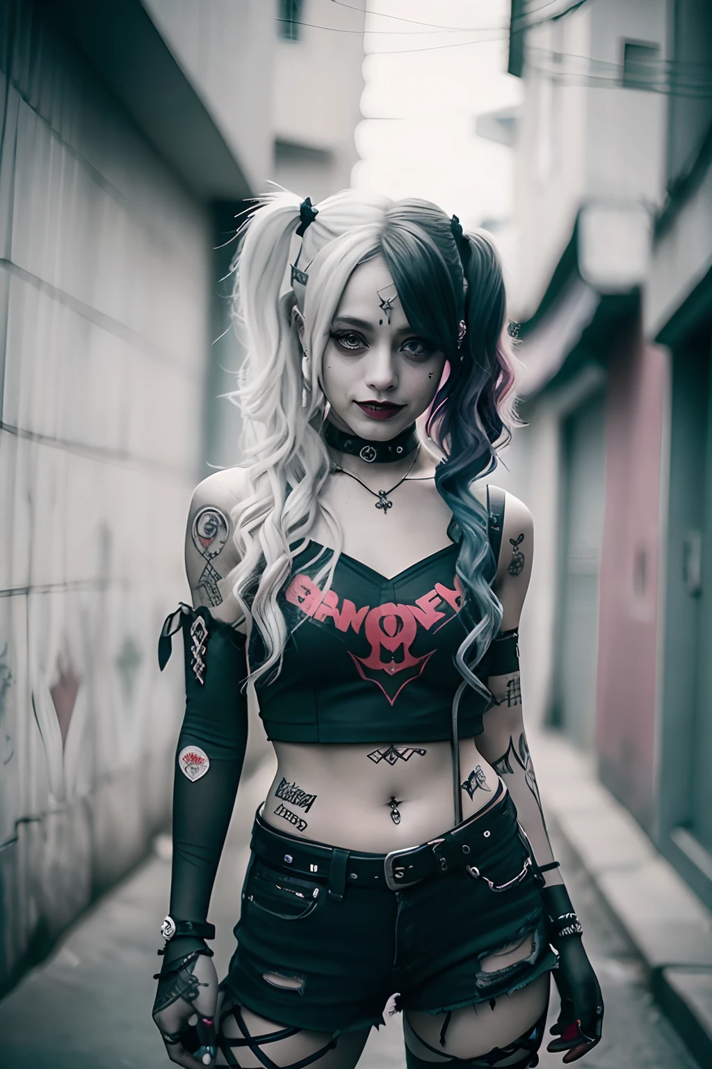 ((Harley Quinn como Garota Punk)), (Margor Robbbie), emo,sorriso, (rindo), gothic punk, 1girl em, solo, medium shot, ((durante a noite)), bokeh dof, Neon light, olhos iridescentes, starly sky, cabelos loiros com mechas rosa e azul ao estilo Harley Quinn, Sobrancelhas pretas, Cabelos radiantes, brinco, franja, joias, Bluntbangs, Backround desfocado, borrado, adornos de cabelo, pearsing, Olhe para os espectadores, retratos,、lo gothic、(masutepiece), (retrato), (aesthetic), (Beautiful), (loira superior ao estilo Harley Quinn), (alta qualidade), (aesthetic clothing), (Professional angle), (thirds rule), (Feminino), (female), (Beautiful),(feminine features), sozinho, 1 mulher, (Harley Quinn punk encantadora), Invernos, dramatic light, (Standing), Maquiagem preta, batom preto, sombra nos olhos preta;, (face frontal), (Challenging Expression), ((desafio)), (Jaquetas de couro e tatuagens), (e.G. e rosas), (cabelos grossos), Cabelos foscos com brilho, (Faixas de cabelo espalhadas no cabelo), (Visual arrojado e arrojado), (pale skin), (Roupas escuras), (camiseta de banda), (ripped jeans), (-), Crew neckline), ((Fundo do beco urbano)), (tiro de perto), beautiful hands, normal hands, two arms, Complete hands, Corpo bonito, dedos normais, cinco dedos, cinco dedos, Orelhas bonitas, orelhas normais, Olhos bonitos, olhos brilhantes, Boca bonita, beautiful lips,