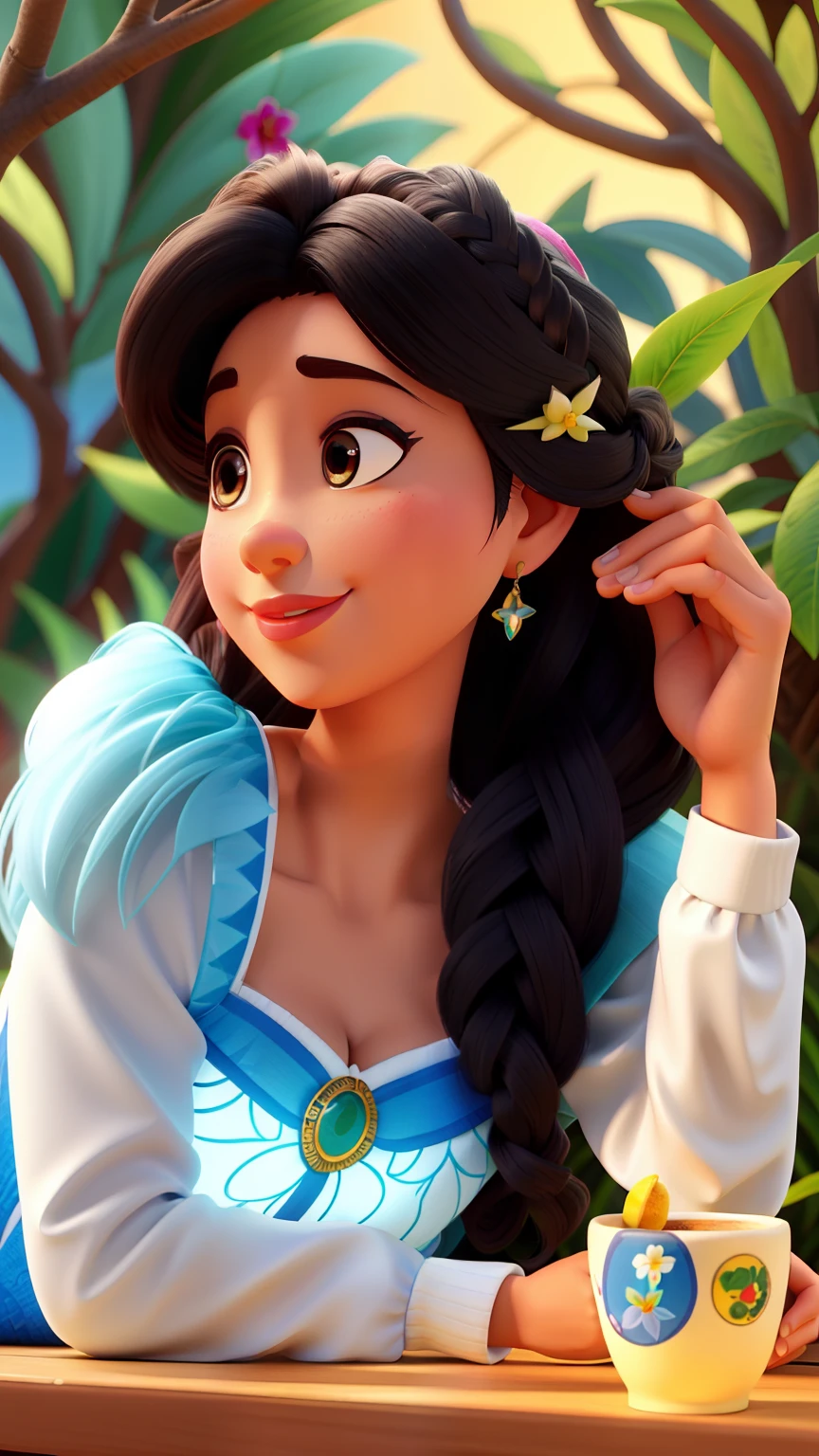Mulher, doce, meiga, estilo Disney pixar, alta resolução),cabelo longo preto, pensativa, alegre na janela olhando horizonte, caprichoso,princesa,alegre,estrelas cintilantes,Floresta Encantada,storybook illustration,puro e inocente,delicate features,Charme Encantado,Expressive eyes and lips,pose graciosa,delicada,cheio de vida e energia, cup of coffee