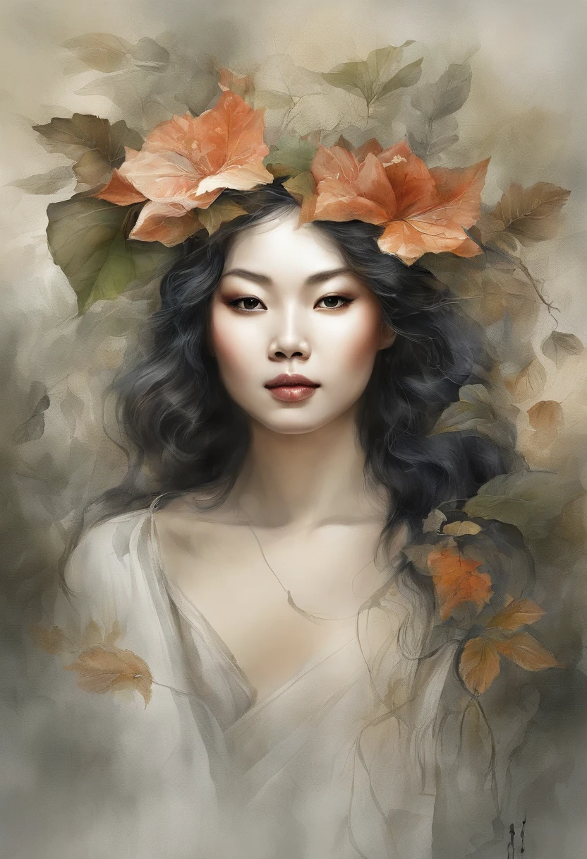 White face and white head，Asian women have leaves,segurando um microfone，cantoria， retrato bonito da fantasia, retrato bonito da arte da fantasia, retrato surreal bonito, retrato da fantasia, retrato da arte da fantasia, retrato de fantasia fosco detalhado, Retrato de uma ninfa de fantasia sombria, Asian goddess, bela arte digital, lindo arte digital,Fundo sonho preto surreal mulher jovem bonita, arte fantasia behance，cinematic light and shadow，K HD |