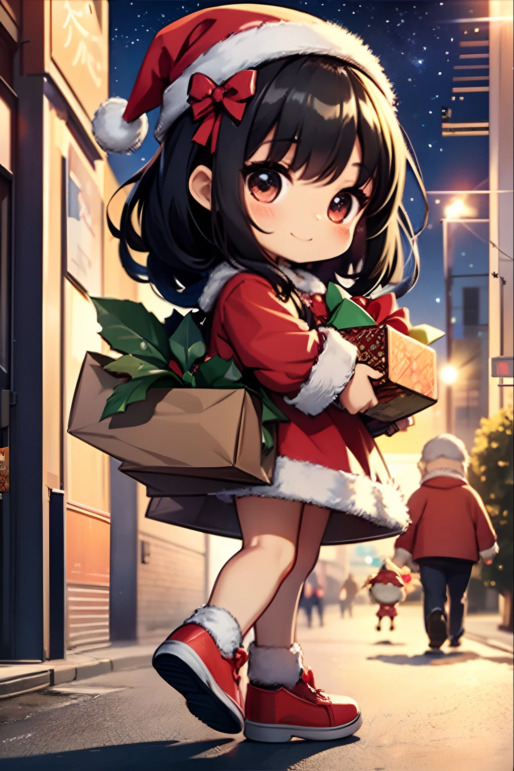 Santa Claus happily carrying presents、Santa is a pretty girl、Chibi Doll、Stars in the eyes(kirakira)、Eye Up、Long black hair、Laugh、Cute red shoes、foco nítido, Ultra Detail, radiant light、bio luminescent、Taken from the side、Stronger bokeh effect