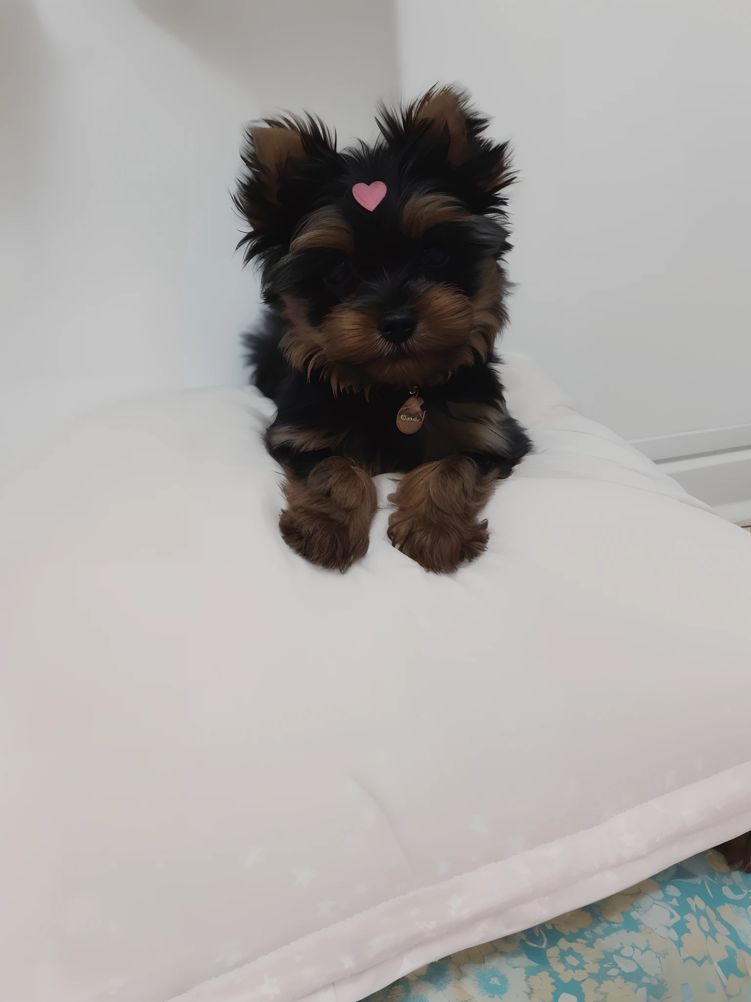 There's a little dog sitting on a pillow on a bed, Yorkshire Terrier, segurando seu Yorkshire Terrier, circunstanciado!!, super adorable, puppy, extremamente fofo, super fofo, very tiny, fofo e fofinho, incrivelmente fofo, muito fofo, very cute features, small dog, adorable appearance!!!, macio e fofo, sentada em sua cama, muito fofo, super cute and friendly