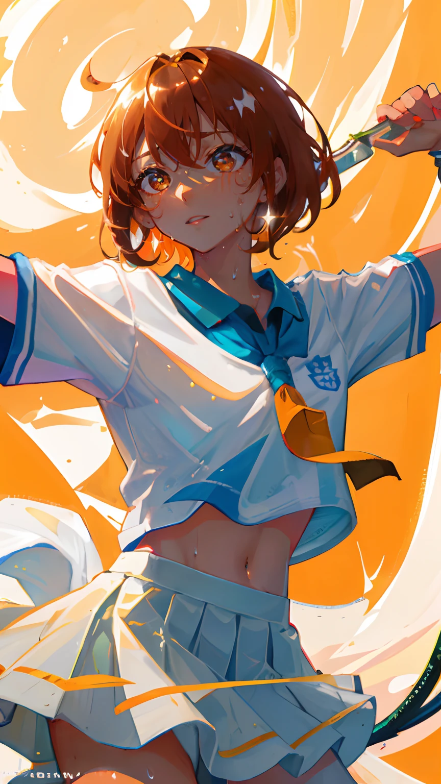 masterpiece, best quality, realistic, hyper-detailed, (shiny skin, sweaty:1.4), absurd, slender, small breasts, looking at viewer, 1girl, solo, tennis wear, white polo shirt, white sneakers, white miniskirt, very short hair, orange brown hair, black eyes, (thick thighs:0.6), dynamic lighting, high resolution, sharp focus, depth of field, detailed eyes, sharp pupils, realistic pupils