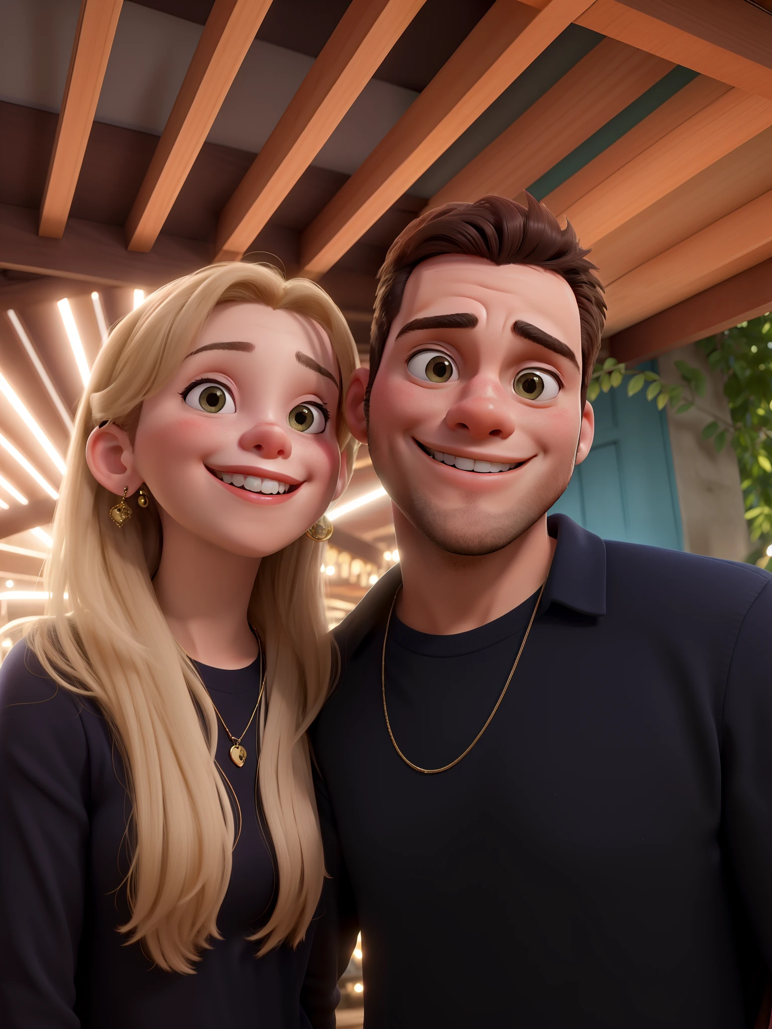 Highly Resolution, alta qualidade, A couple of lovers smiling at the camera, em um ambiente de balada