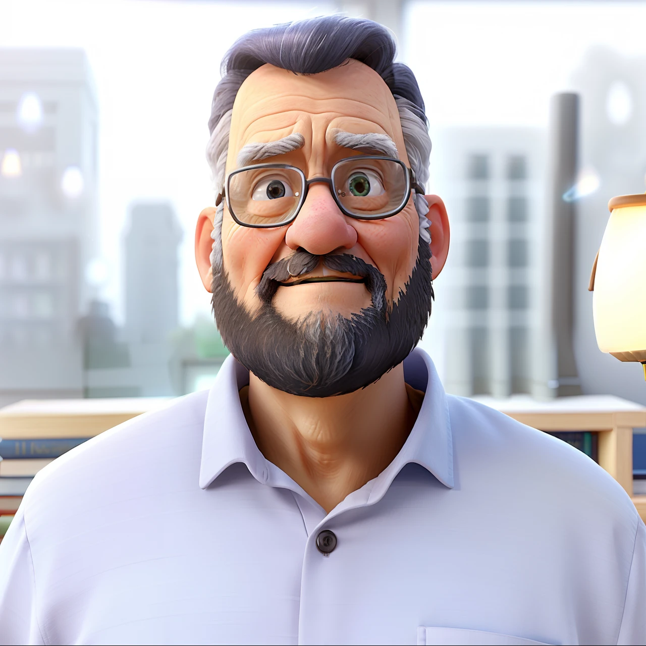 A wise old man standing in front, illuminated by the light of a lamp, against the backdrop of a library