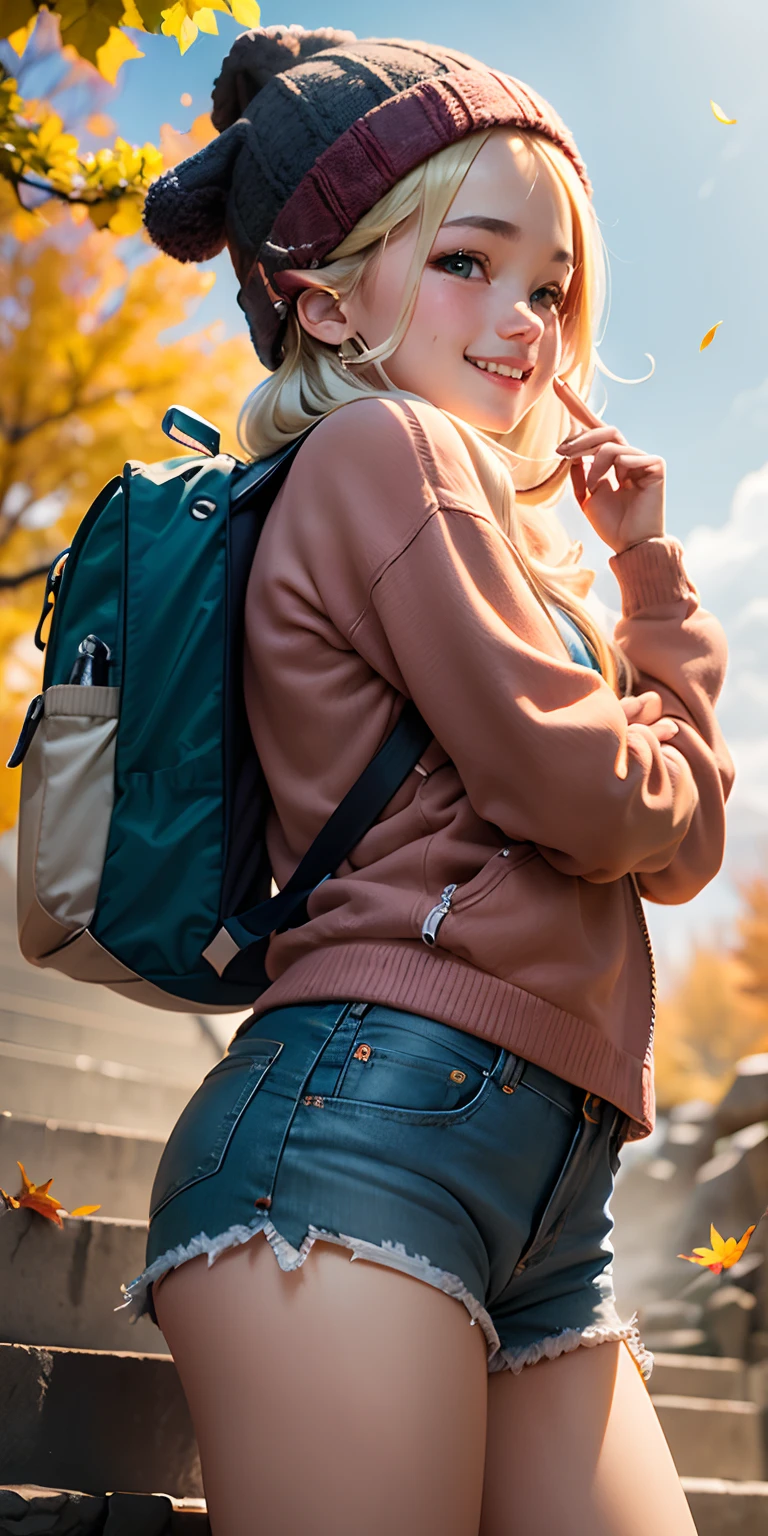 top-quality、Top image quality、masterpiece、Close-up looking up from below、Blonde braided hair 19 year old girl、mountaineering、Wear light shorts、Backpack and climb the slope、Wearing a knitted hat、(Colored leaves、A sexy、Face smile、Face Real