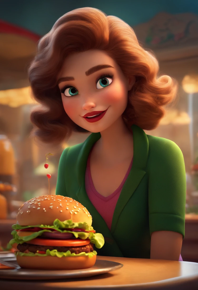 Make a Girl, She's hungry, como Disney Cartoon, She's eating hamburger, Pixar, ..3d, Disney