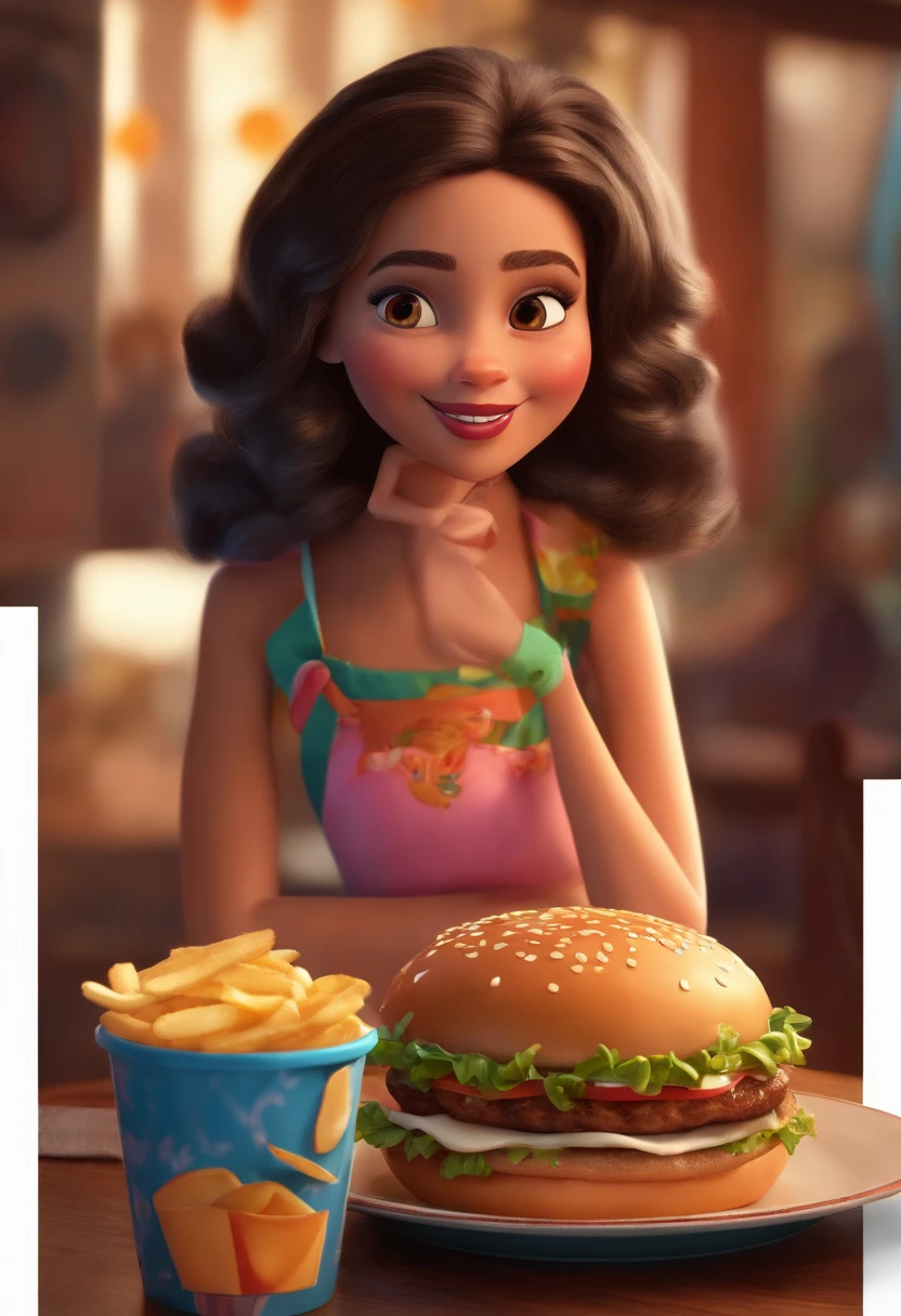 A little girl dressed as a cook, holding a hamburger, smiling, dark curly hair, beautiful face, in high definition, image in hd, in perfect quality, with a white background