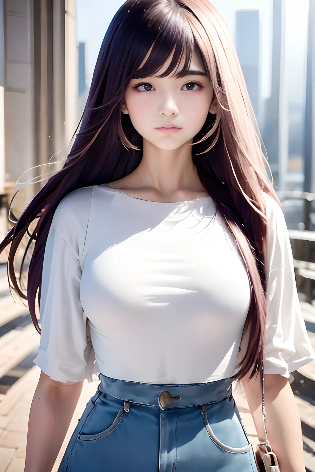 18-year-old girl, long detailed hair, White top,