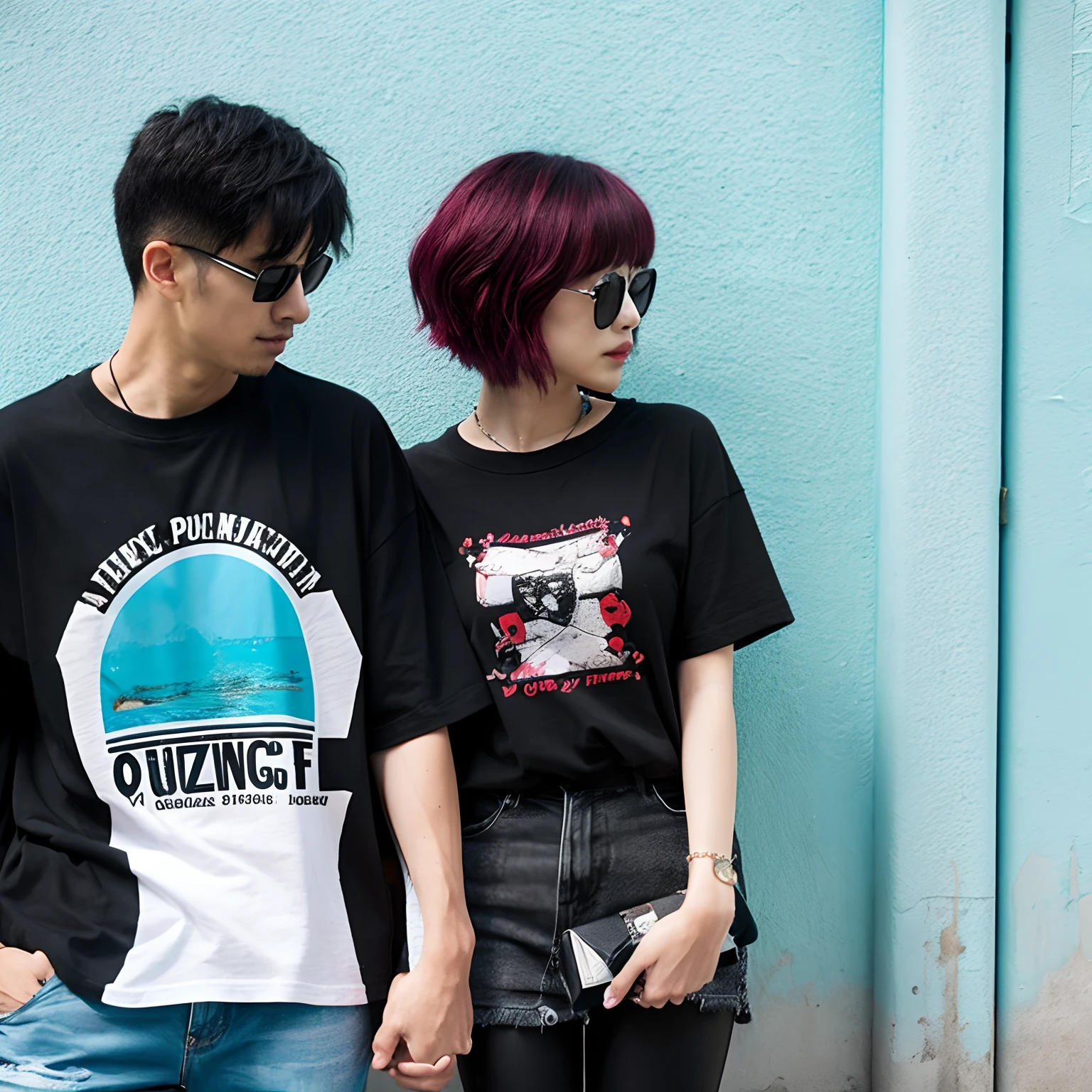 punk fashion Black T-shirt Okinawa a couple
