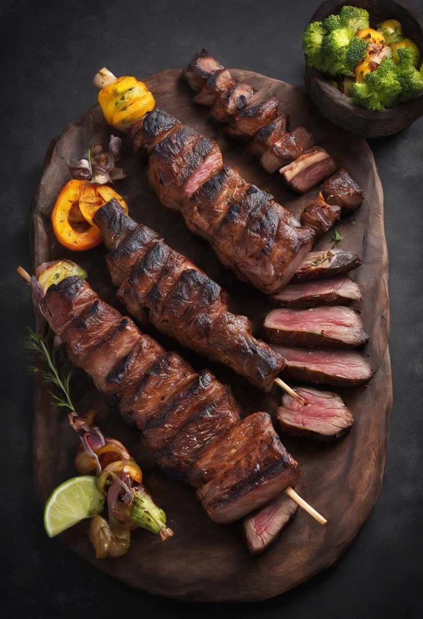 um delicioso churrasco, barbecue, cinemactic, fotografia profissional, studio illumination, studio background, advertising photography, detalhes intrincados, hiper-detalhado, ultra realista, 8K UHD