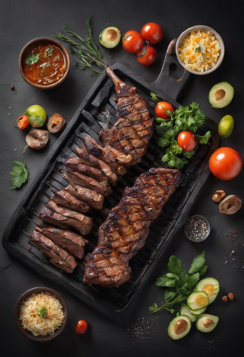 um delicioso churrasco, barbecue, cinemactic, fotografia profissional, studio illumination, studio background, advertising photography, detalhes intrincados, hiper-detalhado, ultra realista, 8K UHD