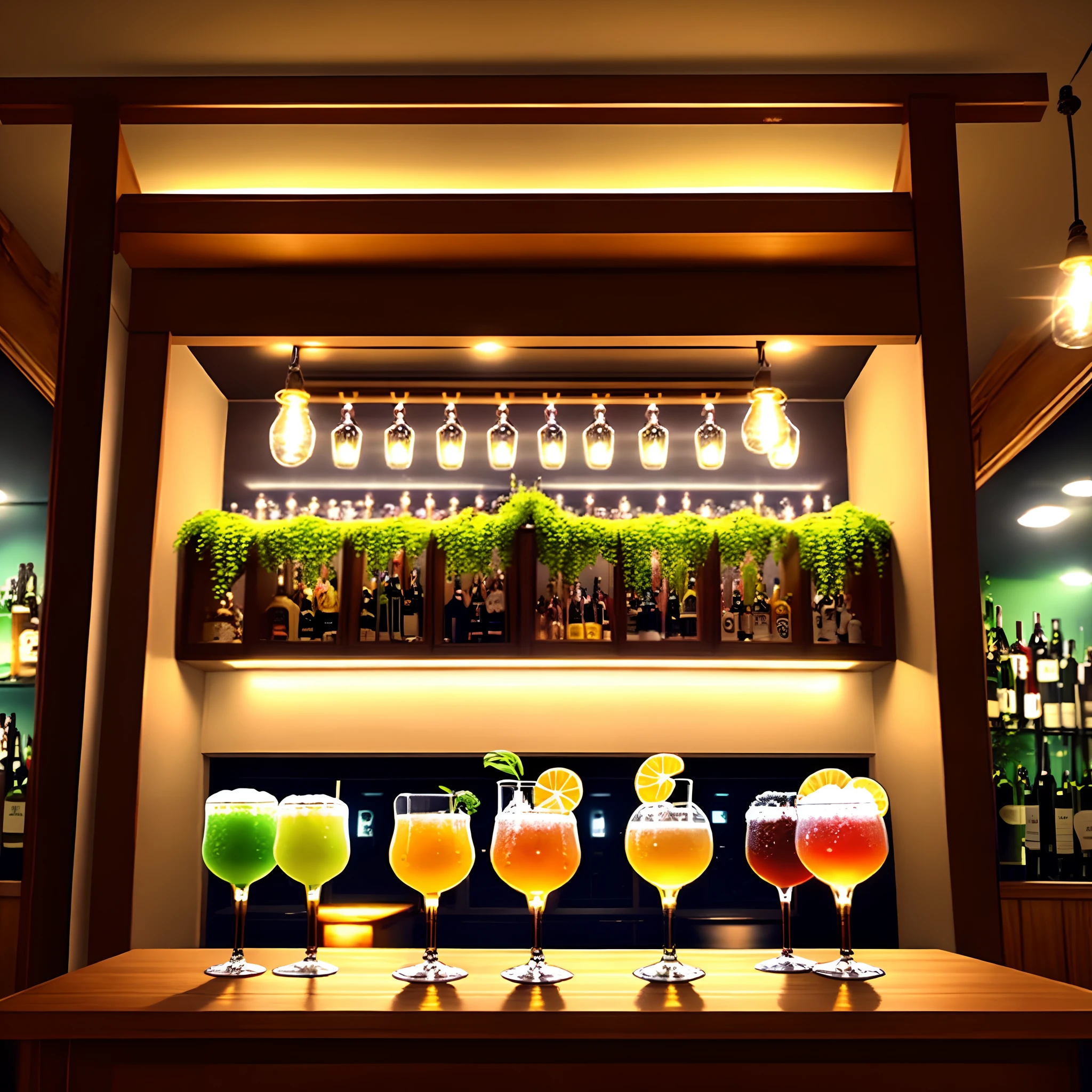 CRIAR A IMAGEM DE UM BAR, , TEM UM PALCO PEQUENO E BAIXO, DE MADEIRA. MUITOS GUARDACHUVAS COLORIDOS NO TETO, UMA ESCADA ESTILO COLONIAL, COM DEGRAUS LONGOS. MESAS DE MADEIRA, UM GRUPO DE PAGODE OU SERTANEJO TOCANDO, PEOPLE DRINKING BEER AND DRINKS standing, as if they were dancing. NO CANTO, O BAR onde se prepara as bebidas, WITH DECORATION DETAILS WITH WARM LAMPS AND VERTICAL GARDENS, UMA PORTA GIRATORIA DE VIDRO NA ENTRADA, a foto tem que ter um estilo moderno, que remeta a balada, Dance night and live show. escrever em algum lugar da imagem um letreiro de led com a palavra DOM