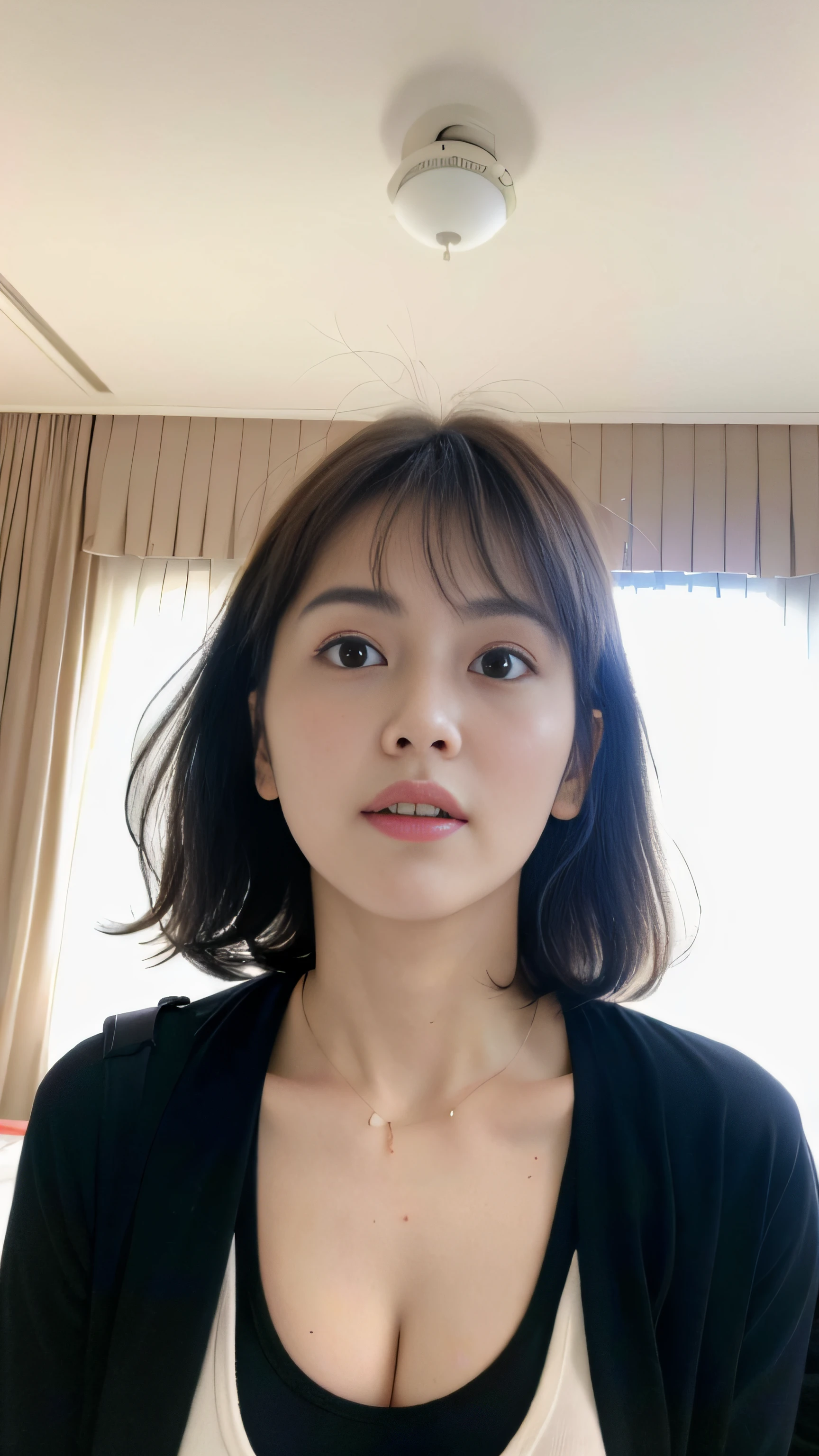 (Best Quality, 8K, 32 k, Masterpiece, Hyper HD:1.2), frontage, 18-year-old female,happy & charming,(looking up at viewer), Mash T-shirt , Open Jacket, bedroom, bed, String Panties, (Huge breasts, butt:1.2), detailed and beautiful face, From below, s whole body, Perm hair, bobbed hair,