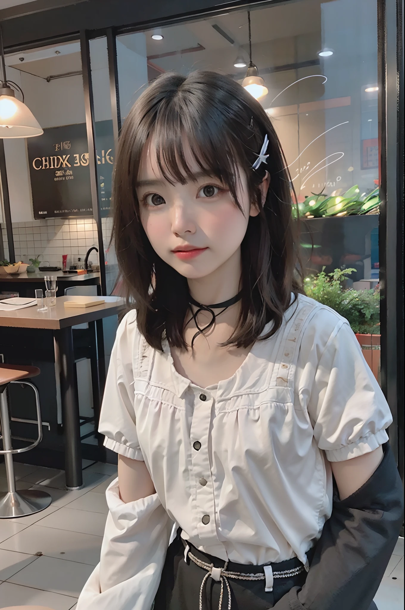(nighttime scene:1.5),(8k,RAW photos,超高分辨率,best qualtiy,tmasterpiece:1.2),(photorealistic illustration),(Very detailed CG unity 8k wallpaper),tmasterpiece,absurderes,超高分辨率,(photograph realistic:1.4),1个Giant Breast Girl,21yo,japanaese girl,(adolable:1.2),mediuml breasts,Brown dark hair,detailed beautiful skin,half-body shots,Summer clothes,cropped shoulders,Ji scissors,hair adornments,choker necklace