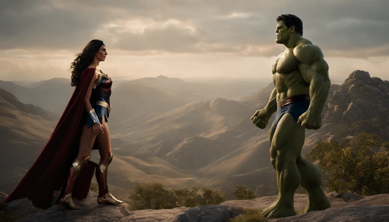 Realistic, personality: [Illustrate a close-up shot of Hulk and Wonder Woman standing on a mountaintop, with the wind blowing their hair and capes. Show the determination and unwavering love in their eyes as they look into the distance, ready to face any challenge together.]unreal engine, hyper real --q 2 --v 5.2 --ar 16:9