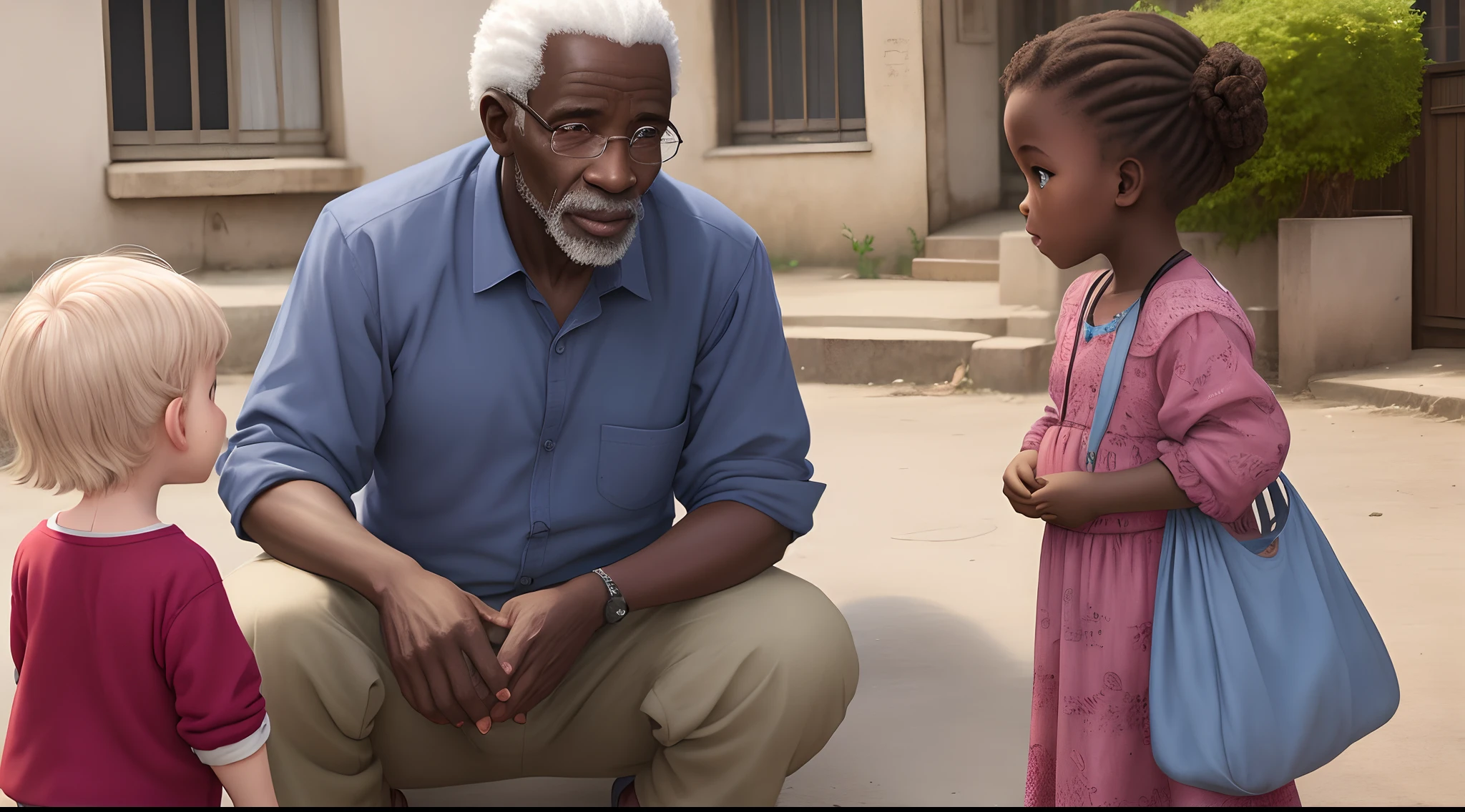 Un vieux africain dans un quartier avec des enfants