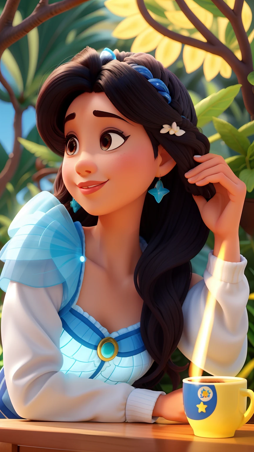 Mulher, doce, meiga, estilo Disney pixar, alta resolução),cabelo longo preto, pensativa, alegre na janela olhando horizonte, caprichoso,princesa,alegre,estrelas cintilantes,Floresta Encantada,storybook illustration,puro e inocente,delicate features,Charme Encantado,Expressive eyes and lips,pose graciosa,delicada,cheio de vida e energia, cup of coffee