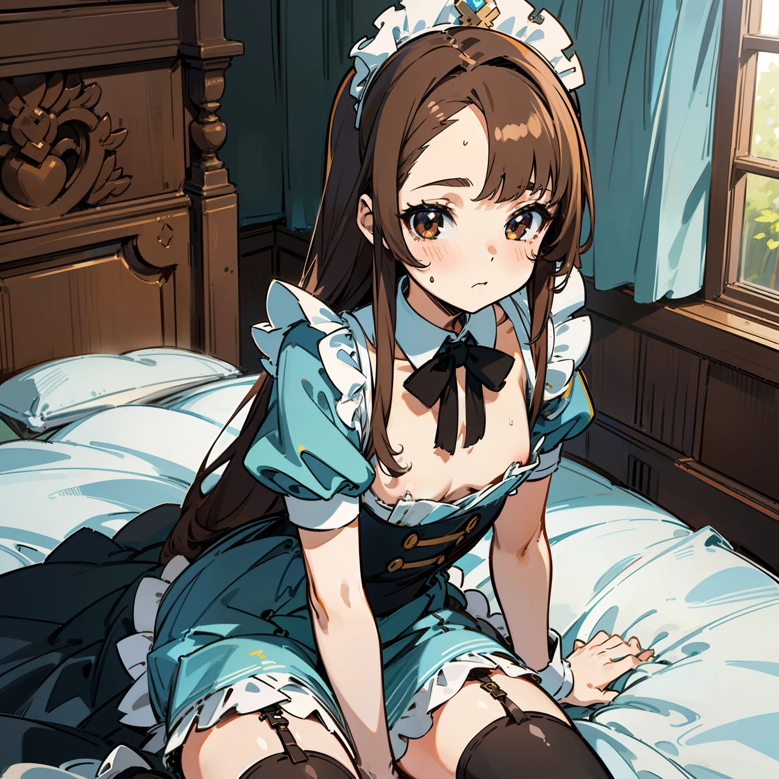 Extreme refinement, 1girl in, li, dirty bedroom, NEET, femcel, long brown hair, straight hair, straight bangs, forehead bangs, maid dress, stockings, kawaii, loser girl, shoujo, 2000’s anime style(small tits) (petite body) (very thin) (no curves)