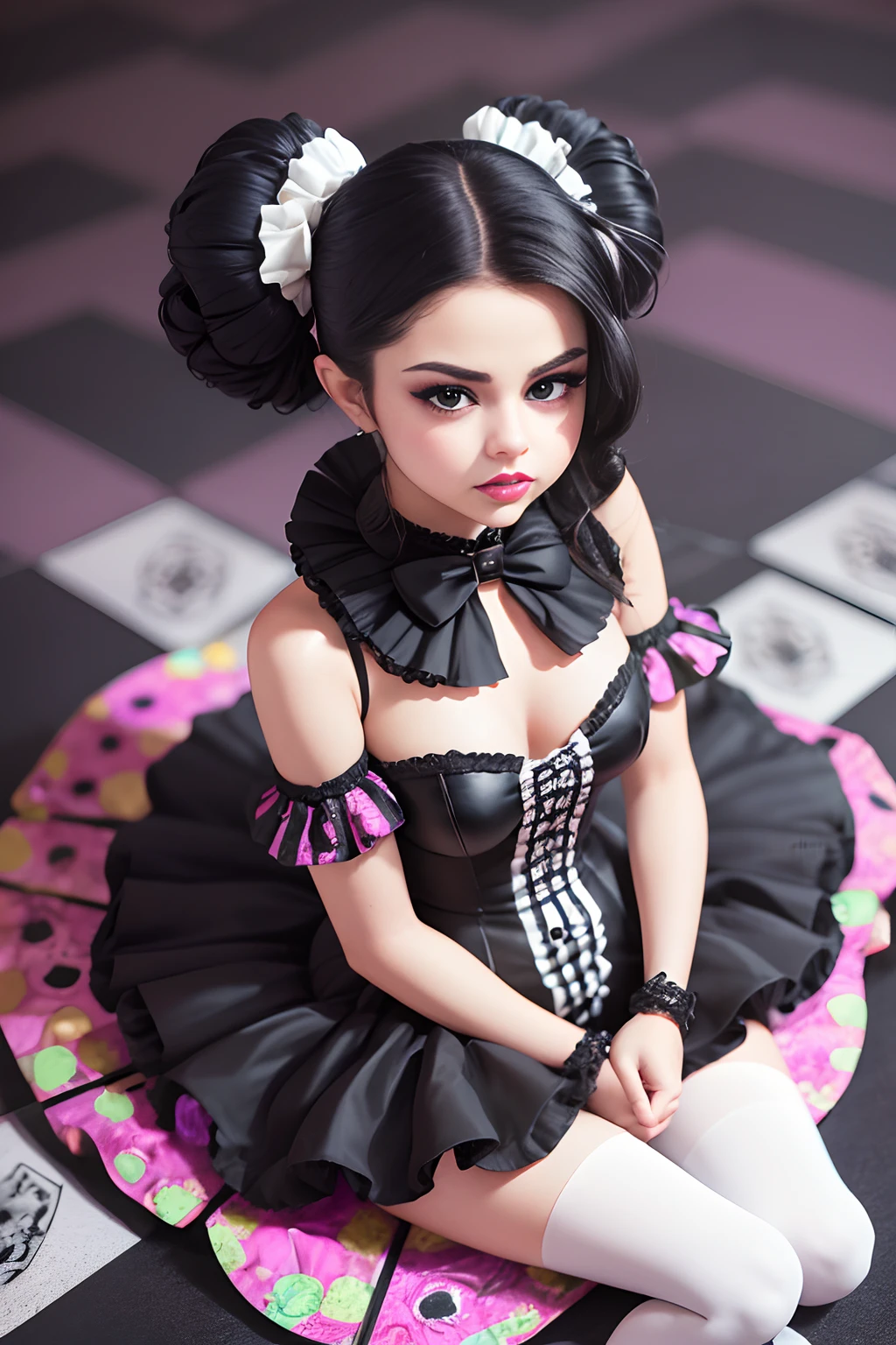 arafed woman ((K-Pop Idol)) in a black and white outfit sitting on a floor, a portrait inspired by Ray Caesar, tumblr, pop surrealism, goth clown girl, intricate clown makeup, intricate clown costume, clown girl, creepy clown girl, natalie shau, jester themed, jester, adrian borda, cutecore clowncore, portrait of circus artist, avant garde fashion model