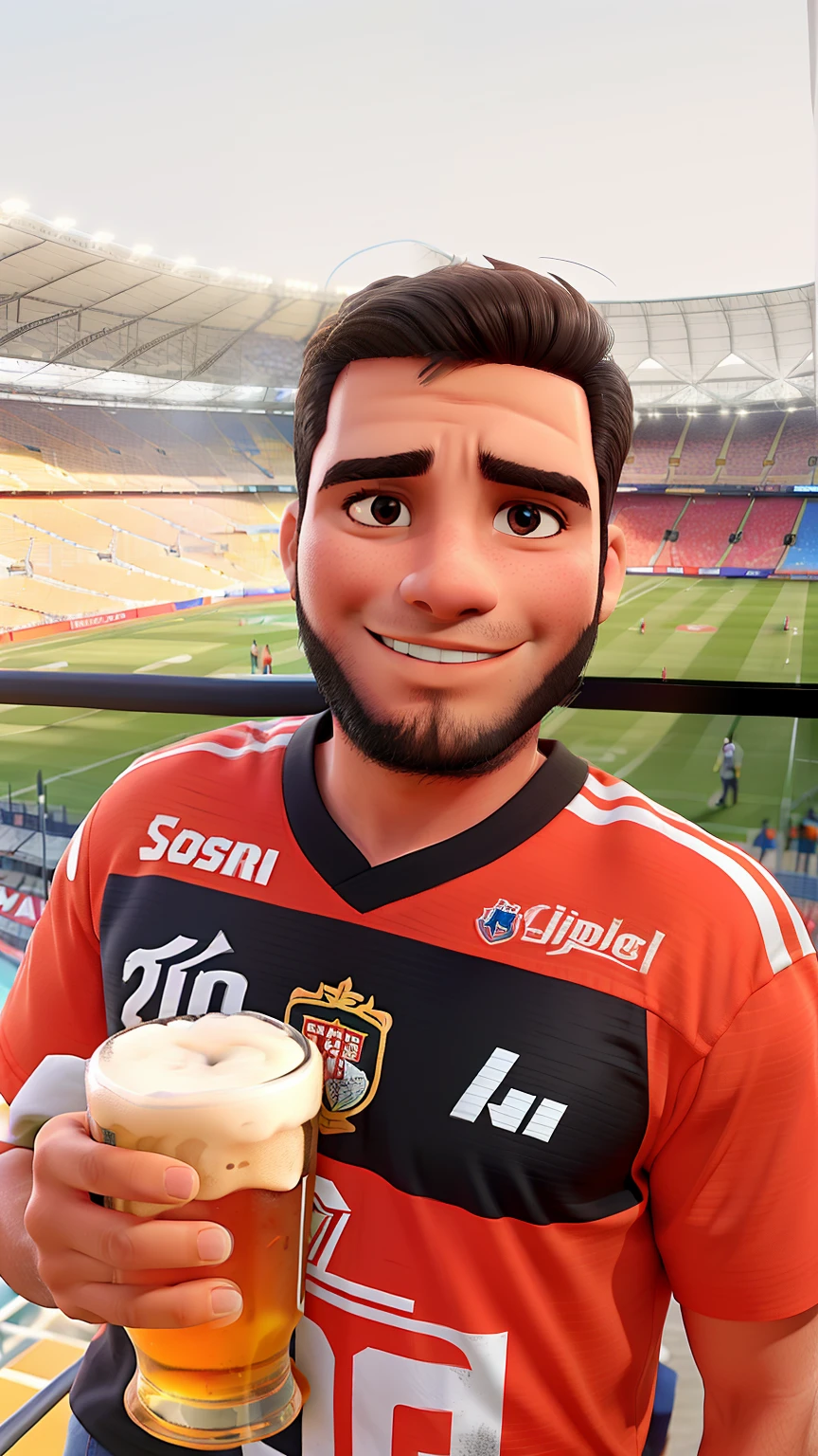 Man in the stands of Maracanã holding a glass of beer, vestido com a camisa do Flamengo e de costas para o campo