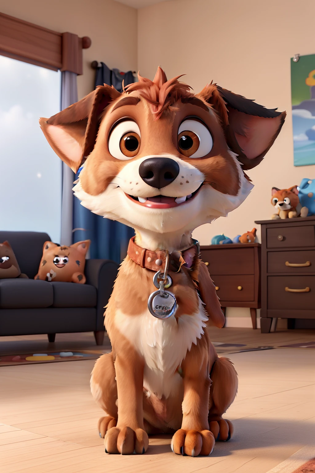 Create a Disney Pixar style 3d poster of a mutt dog with short caramel colored hair, medium size of 2 years old, with thin and large paws with round and black snout, pointed ears and always on alert with cheerful smile, lying down looking at his toys and sofa in the background in a room