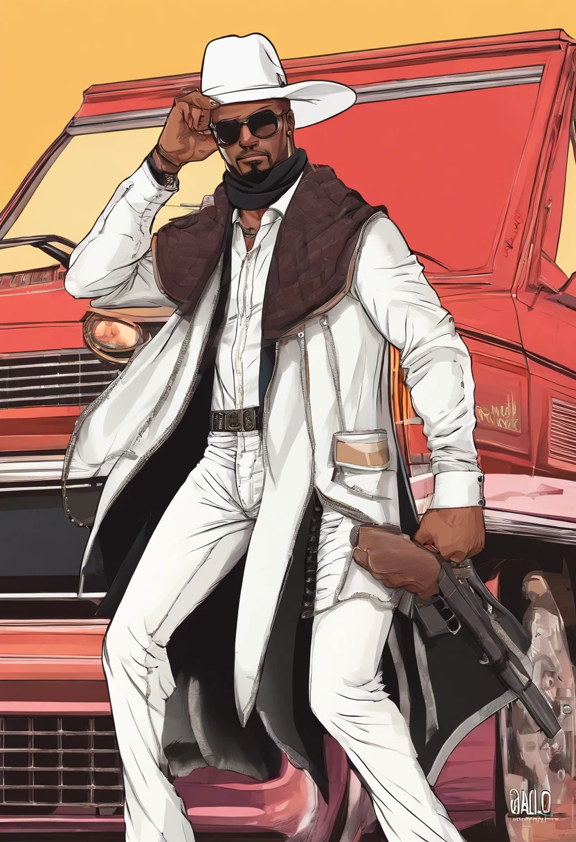 1 homem branco, aparentemente 36 anos, montado em um cavalo preto negro, homem brasileiro de pele branca, nativo gaucho, Hook, CALVO, Bald man with hat covered over shoulders , jeans rasgado, Wide pants , Cinta Larga, bota de couro, espada, Red scarf with knot, cavalo forte