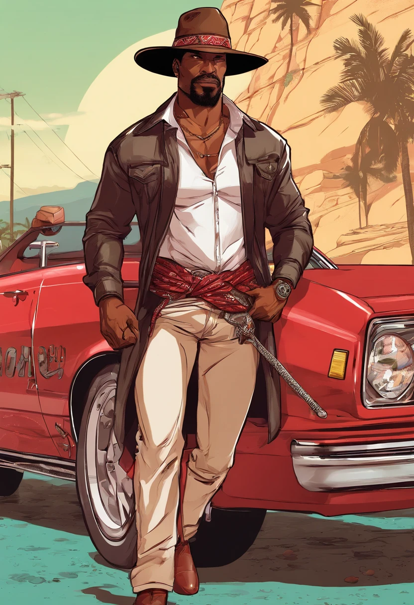 1 homem branco, aparentemente 36 anos, montado em um cavalo preto negro, homem brasileiro de pele branca, nativo gaucho, Hook, CALVO, Bald man with hat covered over shoulders , jeans rasgado, Wide pants , Cinta Larga, bota de couro, espada, Red scarf with knot, cavalo forte