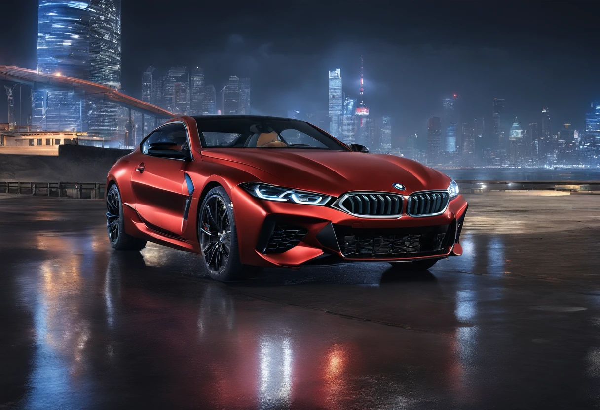 (best quality, 8k, master part :1.2), hyper realistic, Cyberpunk, em uma montanha, uma moto BMW 800 vermelha detalhada, Excesso de velocidade na rodovia, (facing the audience), The blue skyscraper in the background, at night,
