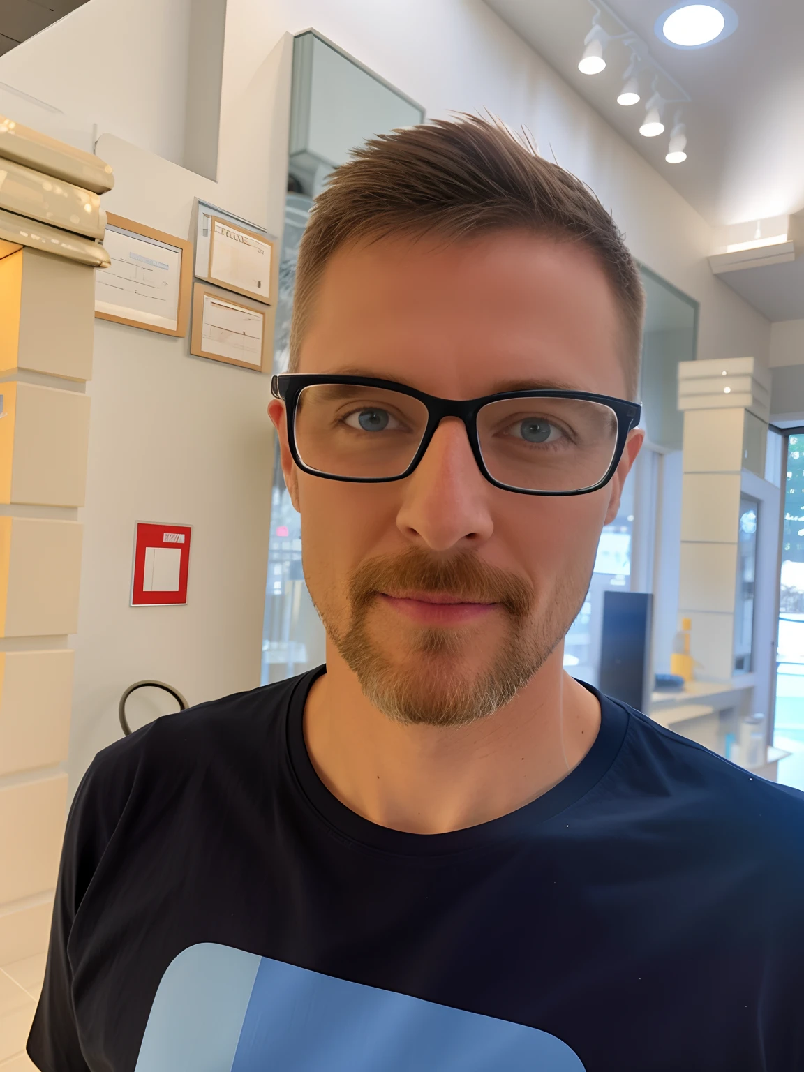 There's a man with glasses and a T-shirt that has a picture of a man on it, with glasses and goatee, man with glasses, ginger bearded man with glasses, wearing black frame glasses, Kacper Niepokolczycki, Michal, with nerdy glasses and goatee, wearing square glasses, Rosto altamente detalhado de 8k