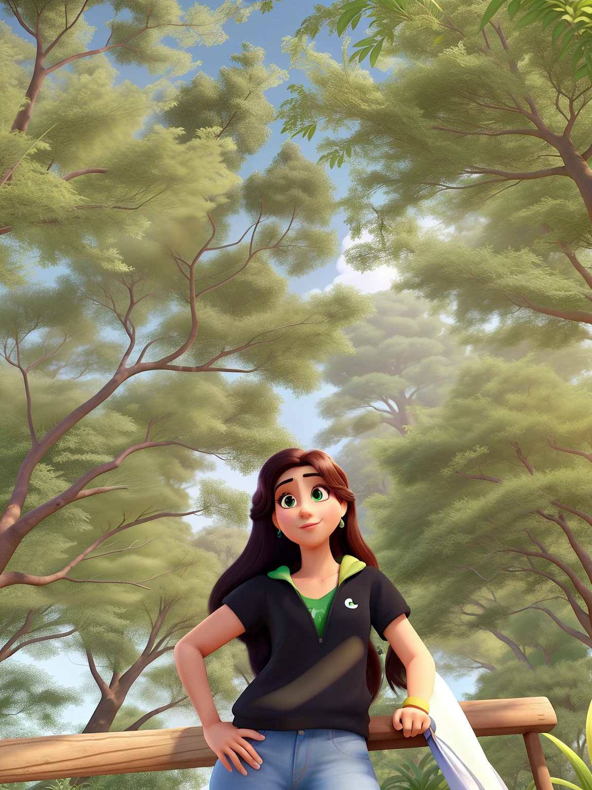 Poster no estilo Disney pixar, alta qualidade, melhor qualidade, mulher sexy branca, 20 anos cabelo preto, with background with green trees.