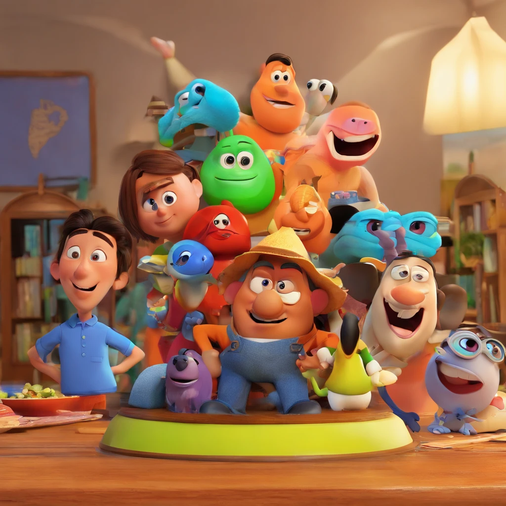 Crie um cartaz inspirado na Disney Pixar com o personagem sendo uma homem de uns 40 anos, de cabelos ondulados pretos, corte baixo, cabeleireiro, the scene will be in Pixar's distinctive digital art style. Focus on Character Expressions, Vibrant colors and detailed textures feature its animations. Quero a cena dos principais filmes do PIXar