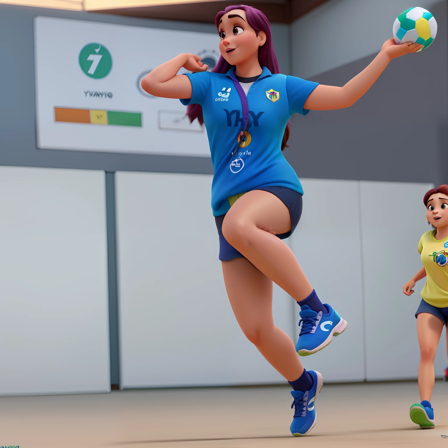 Uma garota jogando como na foto estilo disney pixar, alta qualidade, melhor qualidade, hyper realista, mantendo as cores do uniforme, com muitos detalhes