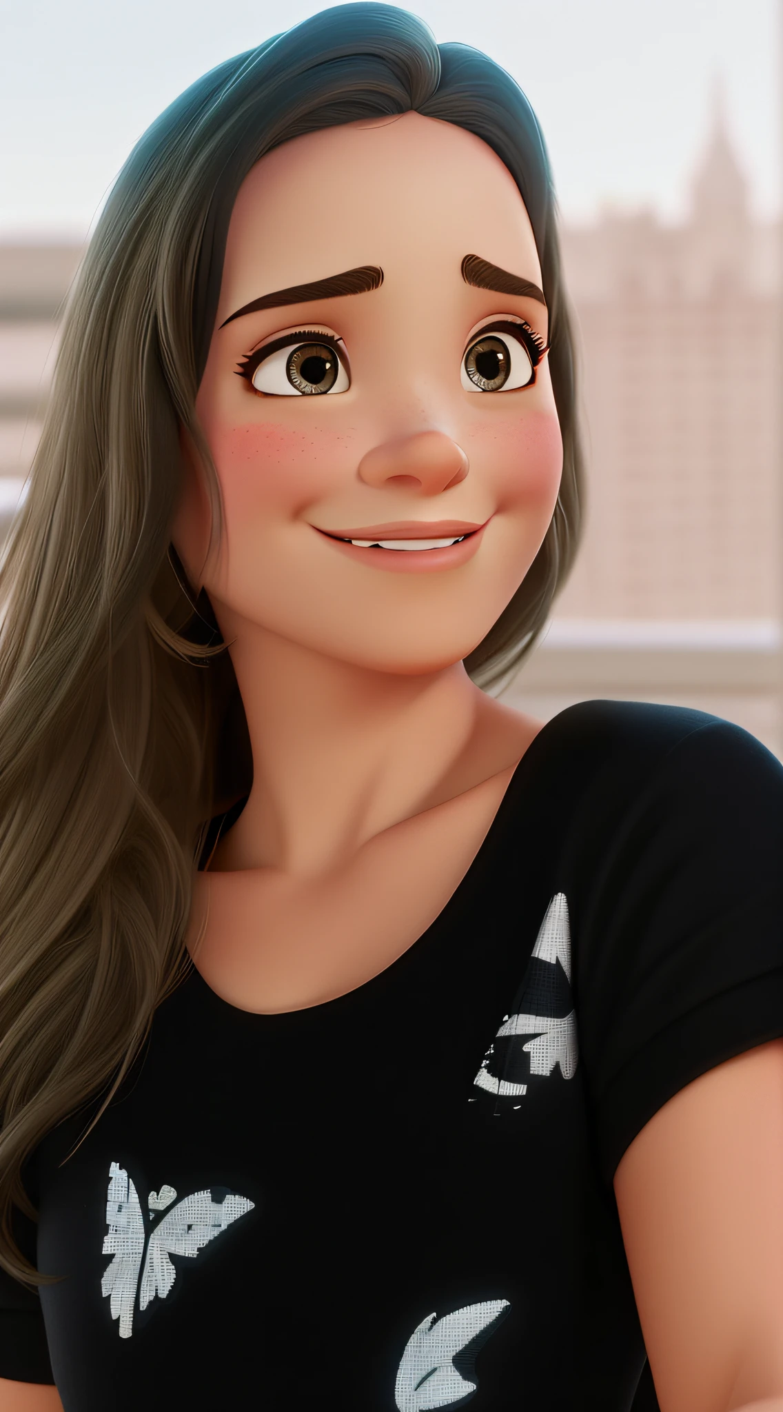 Uma mulher, estilo disney pixar, alta qualidade, melhor qualidade, ao fundo a cidade de nova York