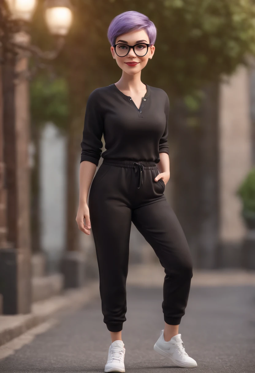 Cartoon character of a woman with lilac glasses and a black shirt, All Star Sweatpants & sneaker, cabelo curto Pixie CUT cacheado e grisalho,gordinha,boca carnuda,olhos mel,animation character, Caractere estilizado, animation style rendering, 3D estilizado, Arnold Maya render, 3 d render stylized, toon render keyshot, Personagem 3D, Personagem 3D, 3d rendering stylized, 3 d character render, personagem de desenho animado, Personagem de close up, Pose de personagem, (Estilo Pixar) (master part:1.2) (Bokeh) (best quality) (pele detalhada branca) (textura detalhada) (8k) (Cinematic lighting)