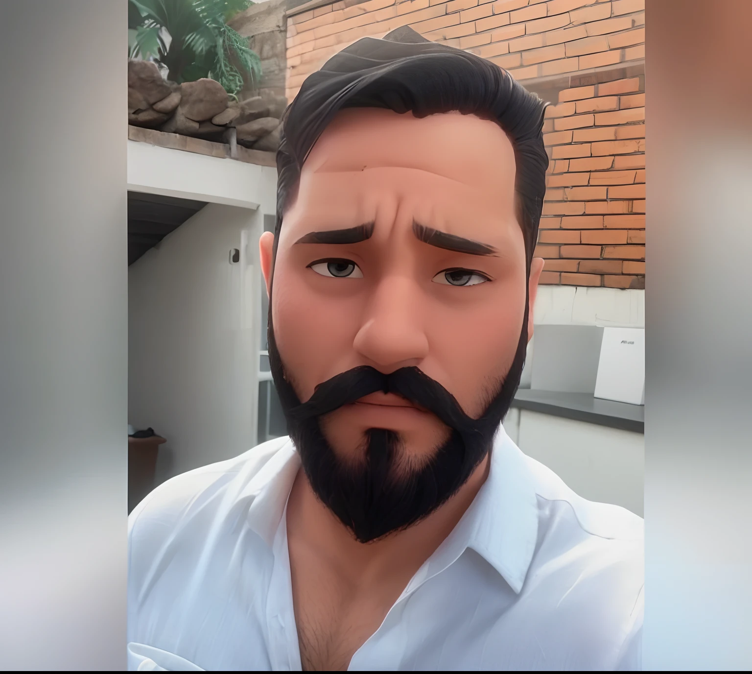 Um jovem homem com barba, in a black suit with white button-down dress shirt. majo, barba, com cabelo preto, with a serious face.