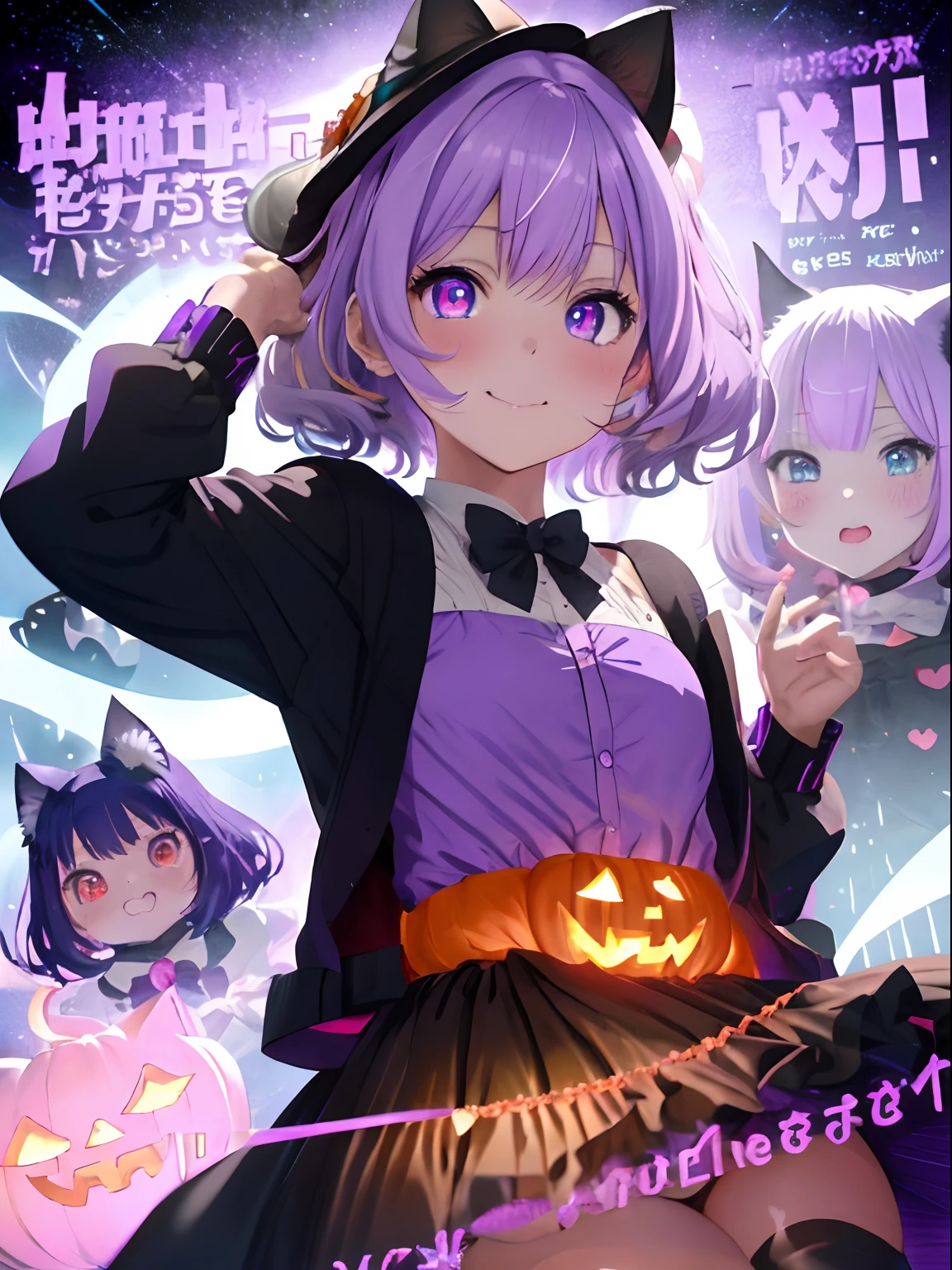 Halloween,Jack or lantern,Fluffy shorthair,Light purple hair,odd eye(Pink and light blue),s girl,Black Magical Girl Suit,Hug the white cat,Cover your mouth with a cat,Upper Eyes,A slight smil,red tide,Waiting for a kiss,A face full of anticipation,The inside of the eyes glows,Lots of sweets around