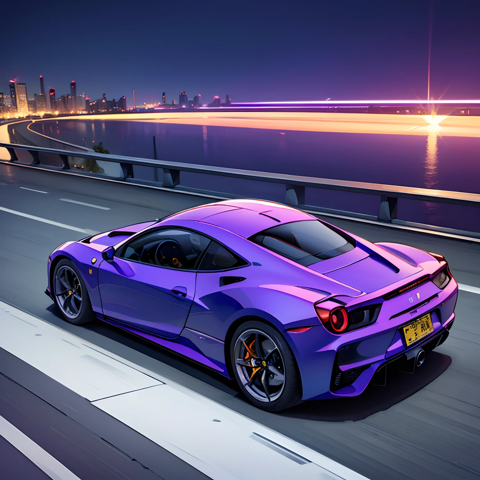 (Best quality, 8k, Masterpiece :1.2), hyper realistic, cyberpunk, at a mountain, an detailed purple Ferrari 488, Speeding on the highway, (Facing the audience), The blue skyscraper in the background, at night,
