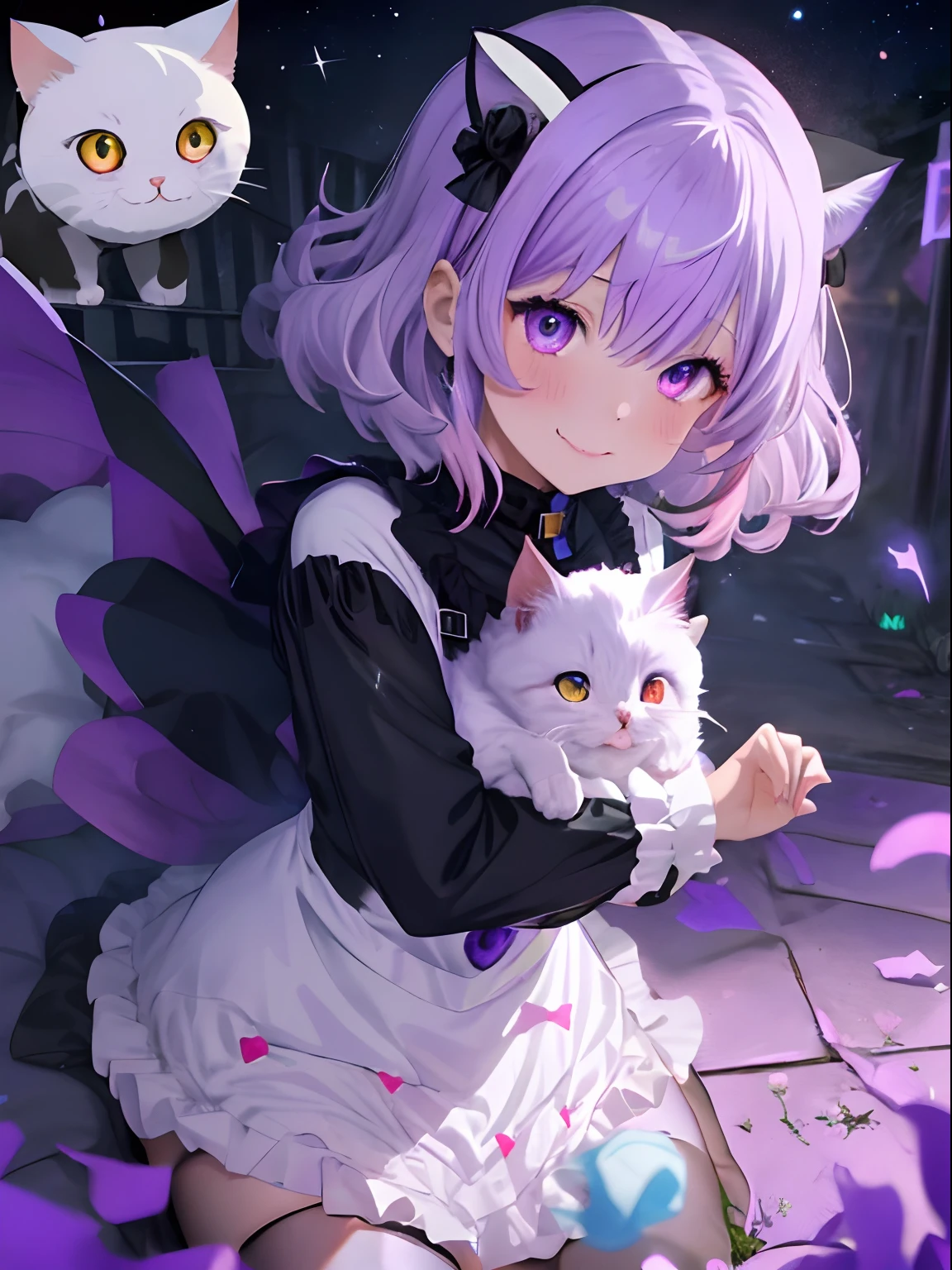 Halloween,Jack or lantern,Fluffy shorthair,Light purple hair,odd eye(Pink and light blue),teens girl,Black Magical Girl Suit,Hug the white cat,Cover your mouth with a cat,Upper Eyes,A slight smil,red tide,Waiting for a kiss,A face full of anticipation,The inside of the eyes glows,Lots of sweets around