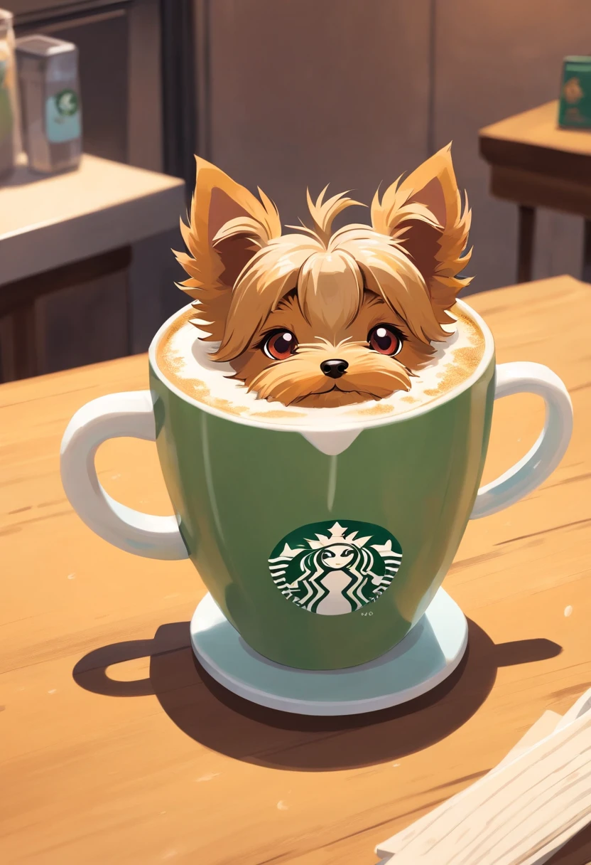 unique, Cartoonish playful cute Yorkshire terrier shaped cup, Fraappuccino colorido estilo Starbucks, Yorkshire Terrier logo.