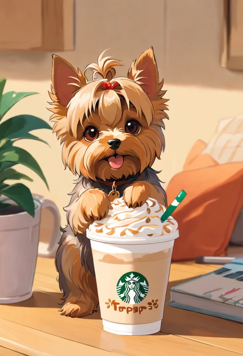 unique, Cartoonish playful cute Yorkshire terrier shaped cup, Fraappuccino colorido estilo Starbucks, Yorkshire Terrier logo.