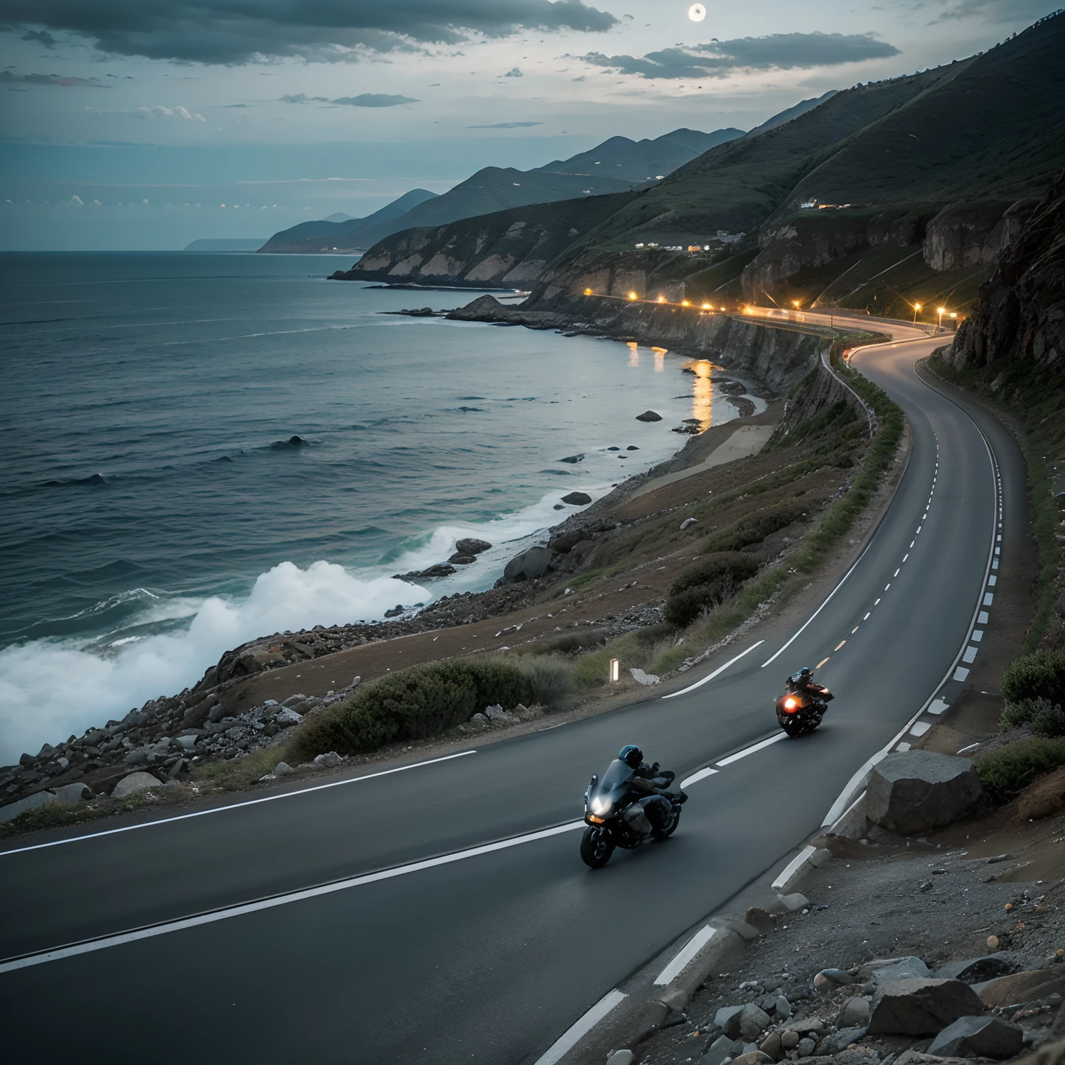 Eight motorcyclists descending a winding road between the mountains by the sea with their motorcycles. Dark night with moon reflecting in the sea and clouds.